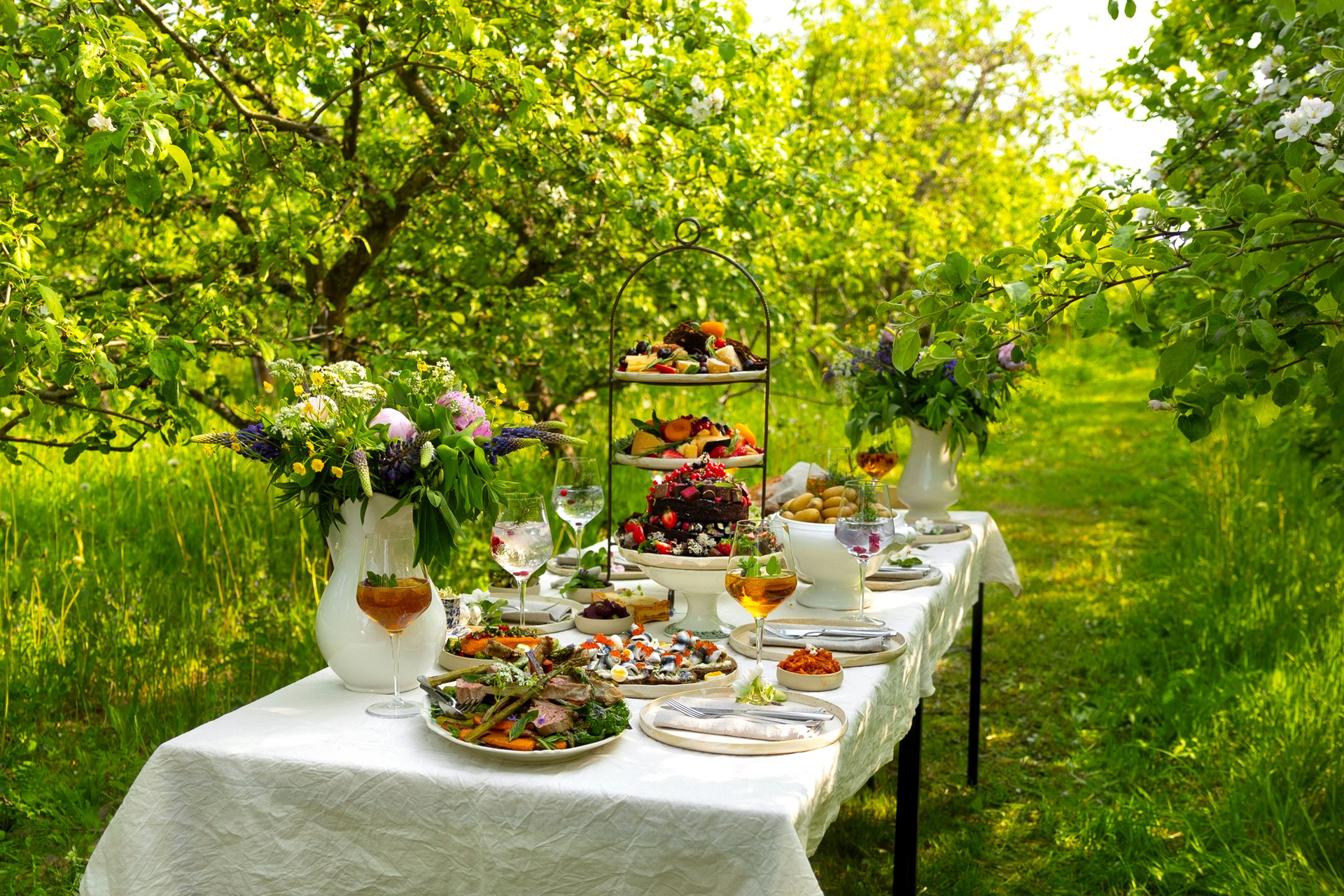 food table under the trees