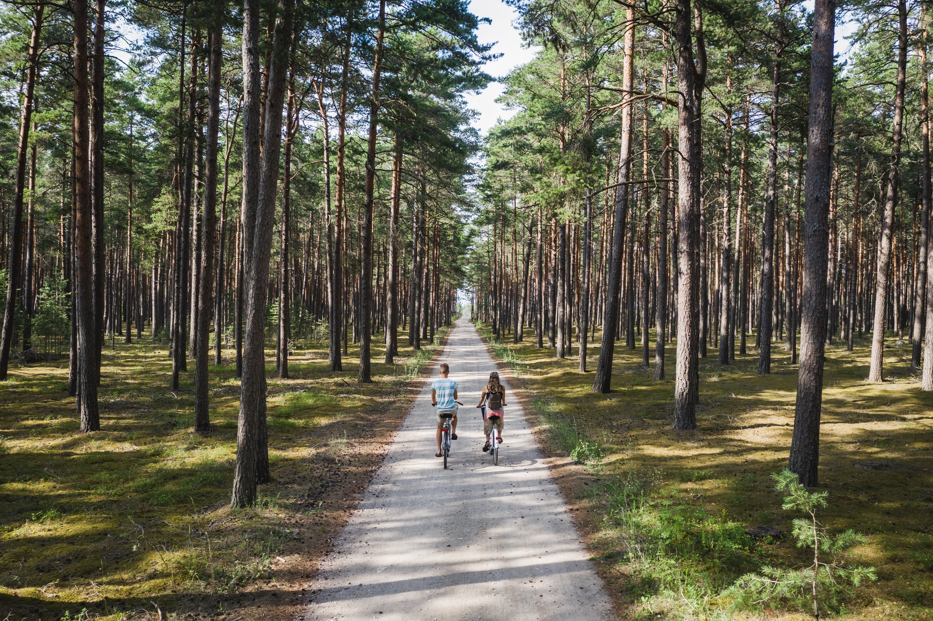 couple cycling in forest