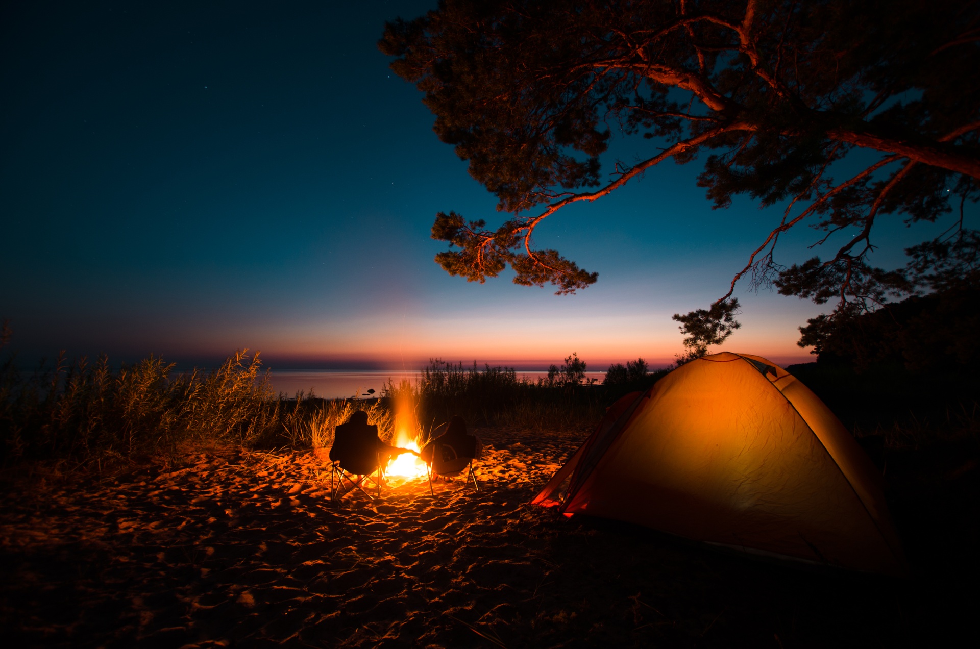 camping, bonfire, tent, seaside