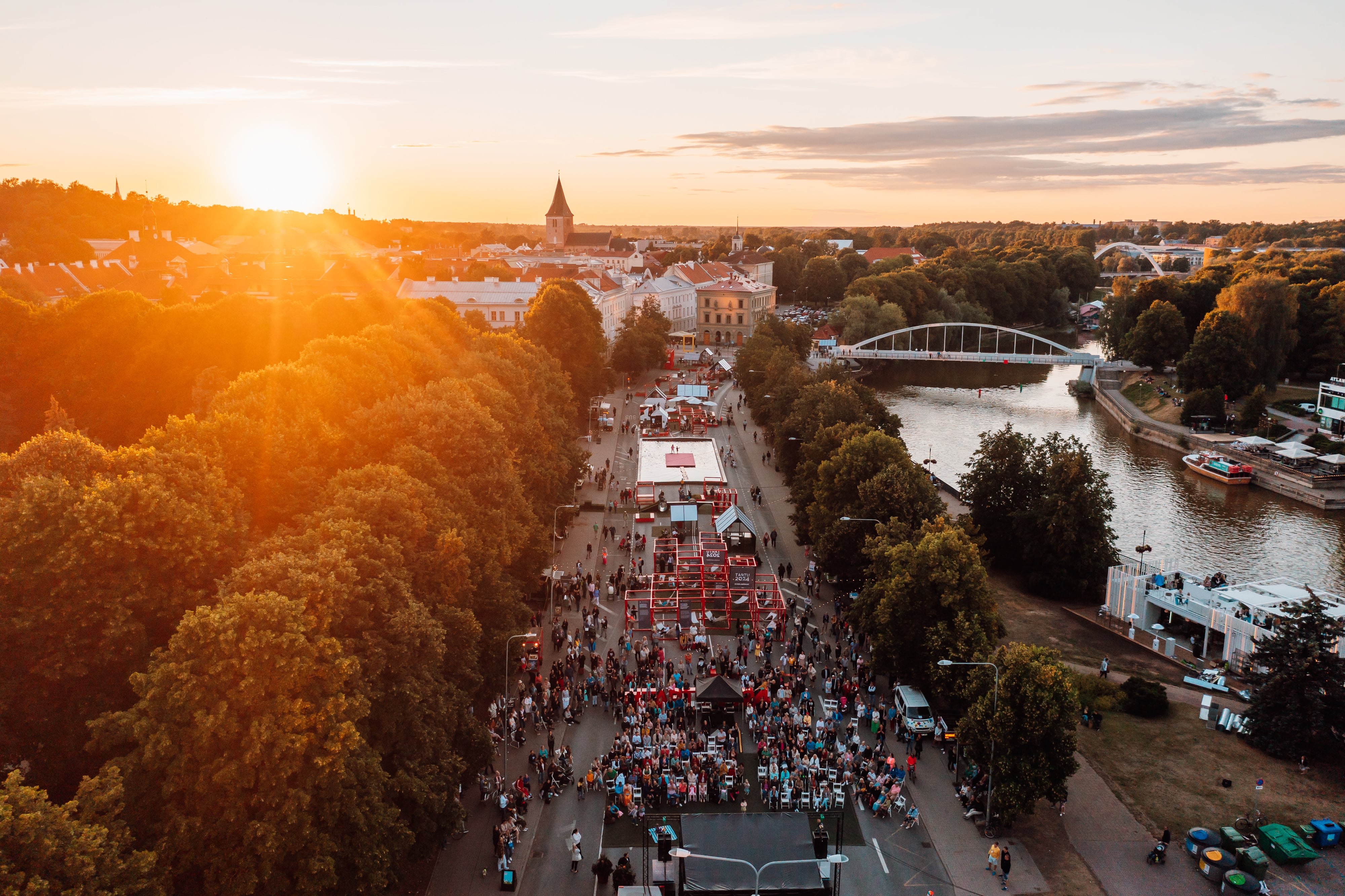 Car-free avenue in Tartu, Estonia, during a summer sunset