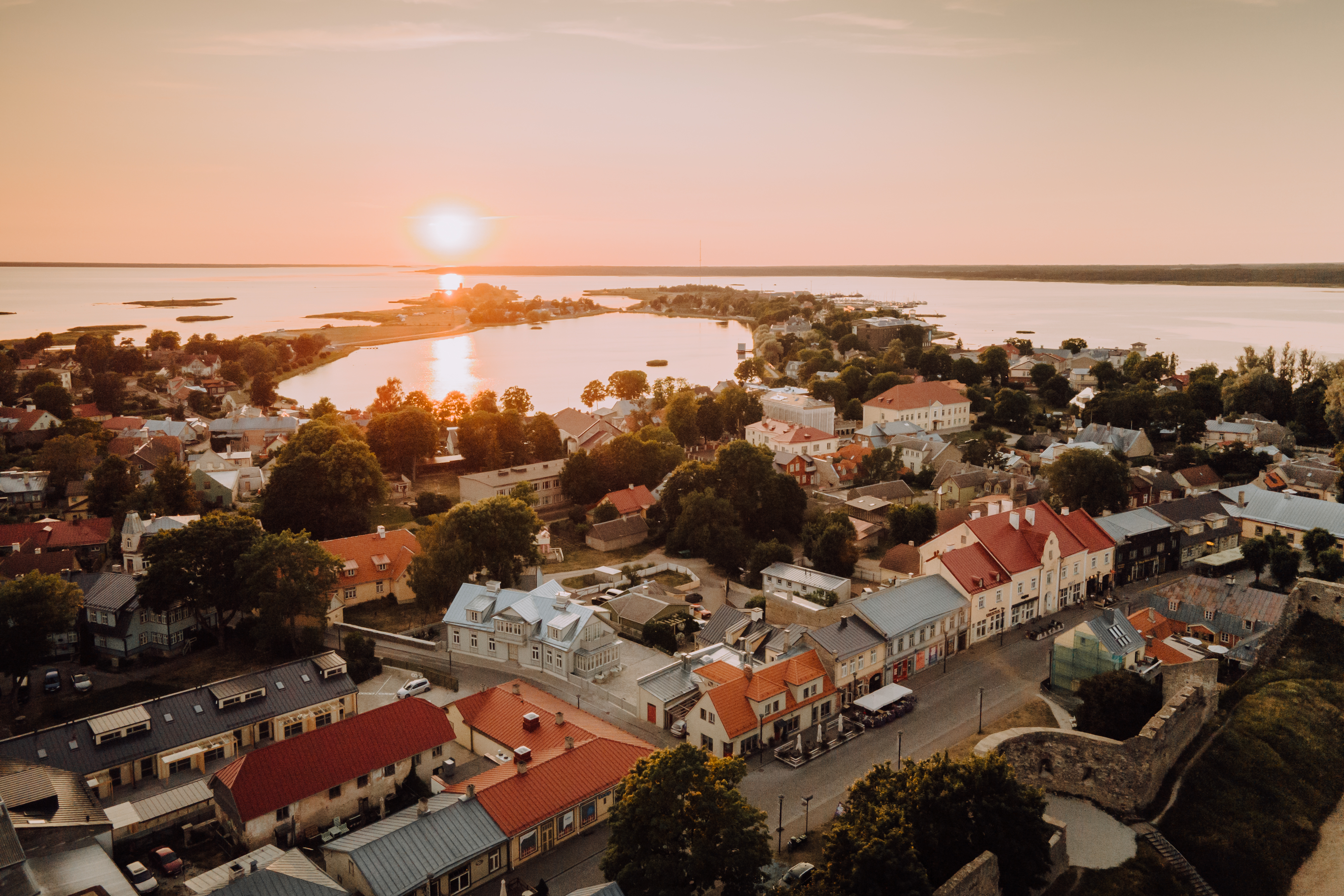 View of Haapsalu from the air at sunset