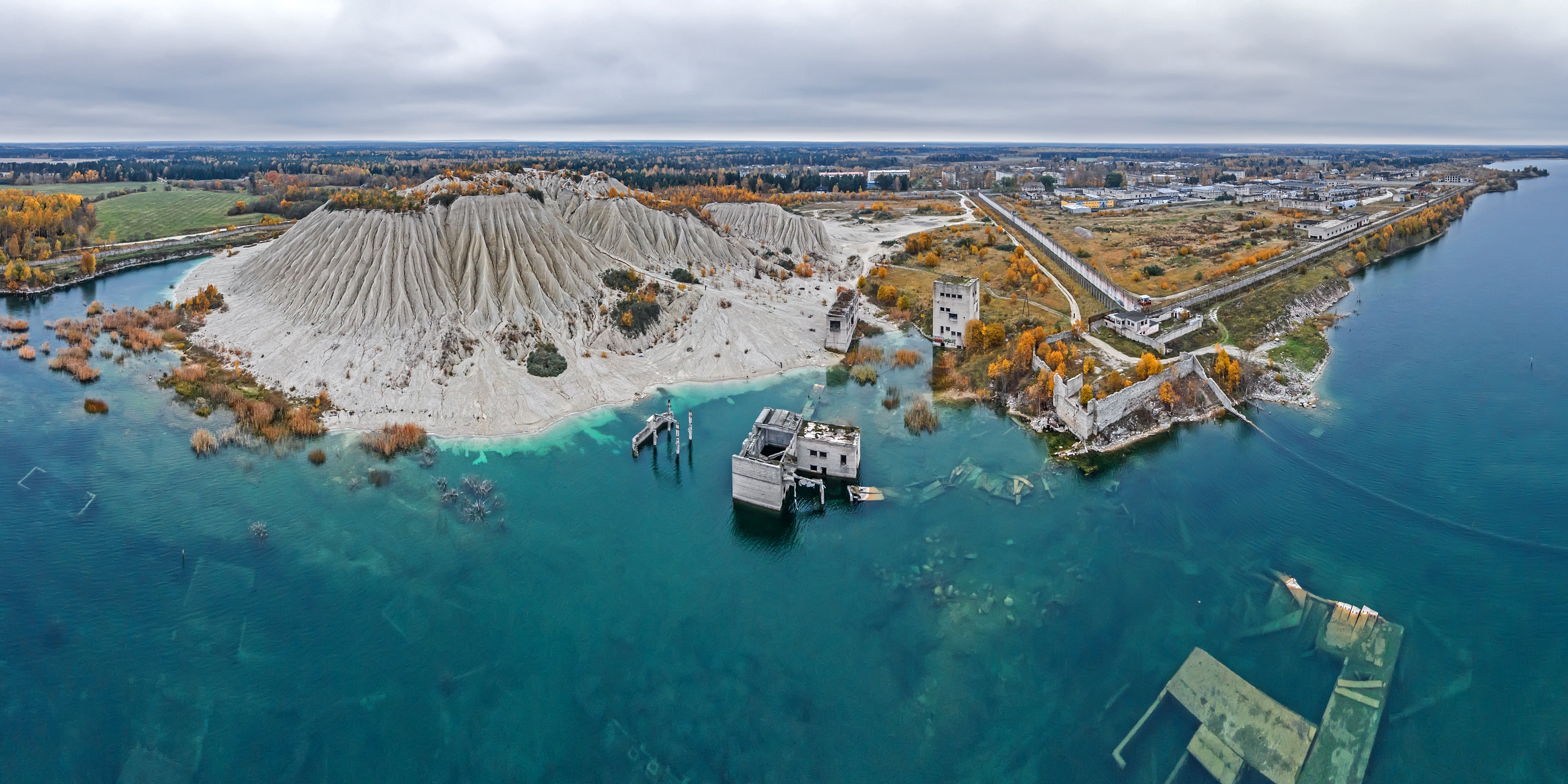 Rummu Quarry drone view during autumn in Estonia