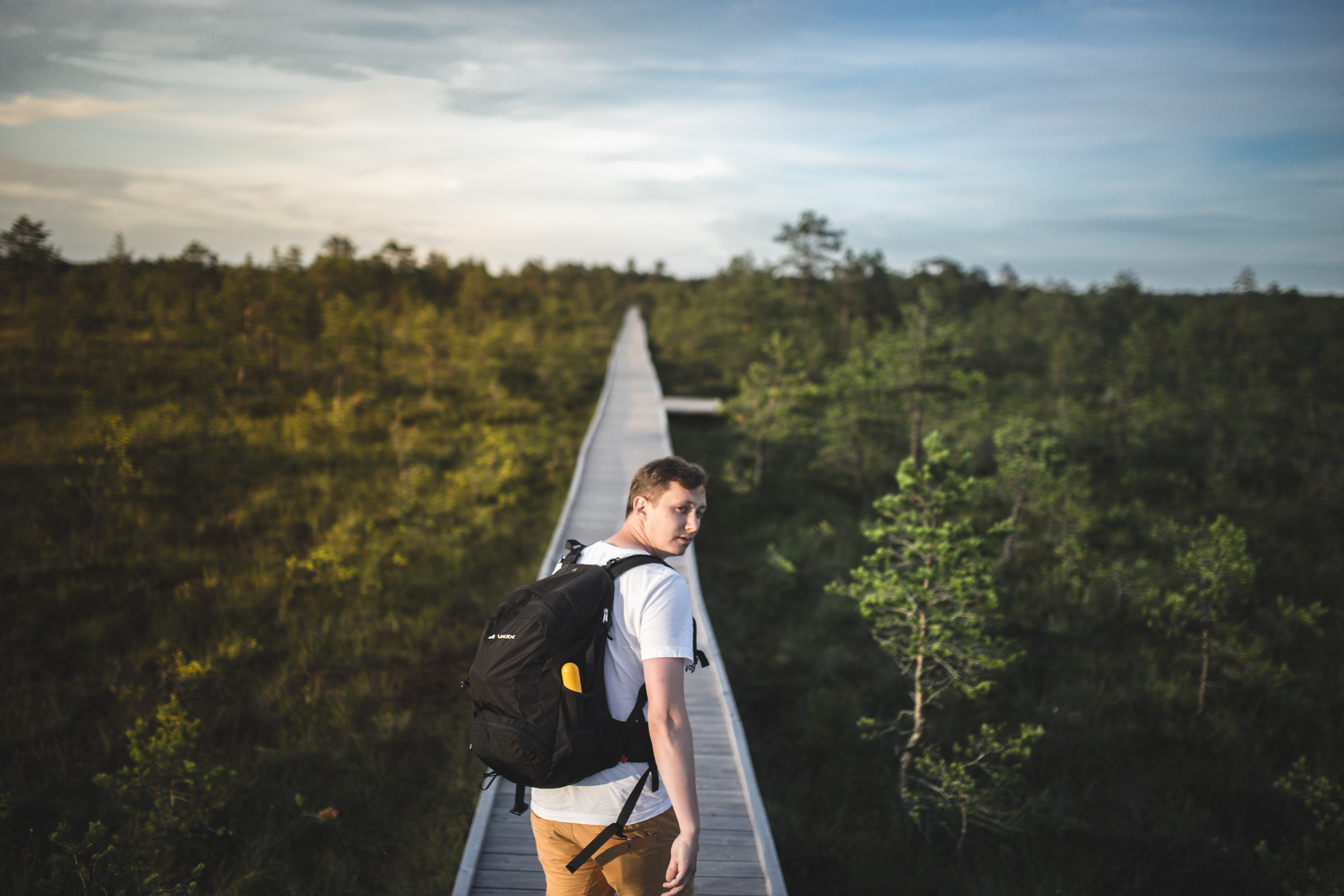 Man wearing backpack and hiking on wooden boardwalk in a bog