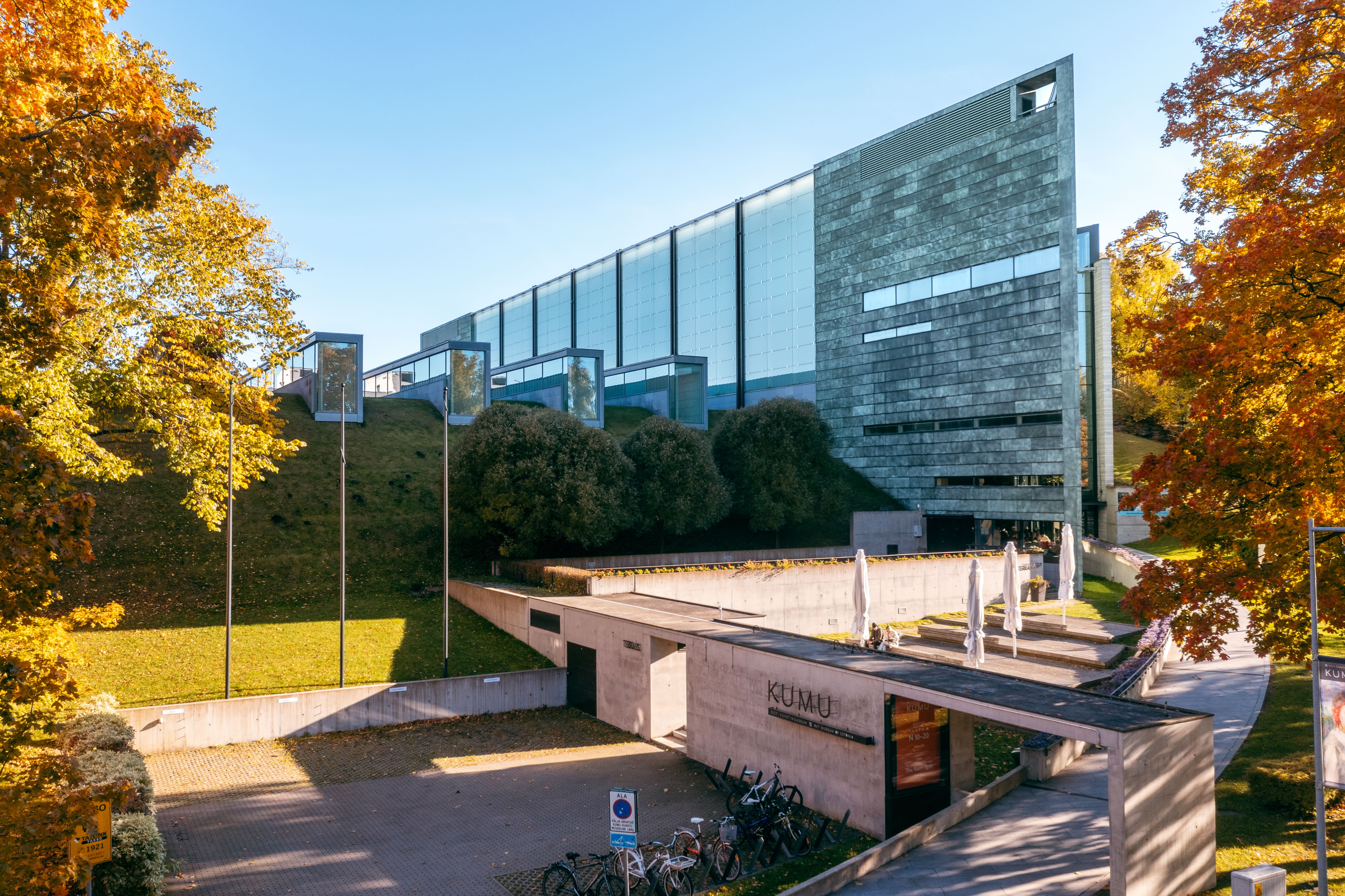 Kumu Art Museum in Tallinn with colorful autumn leaves