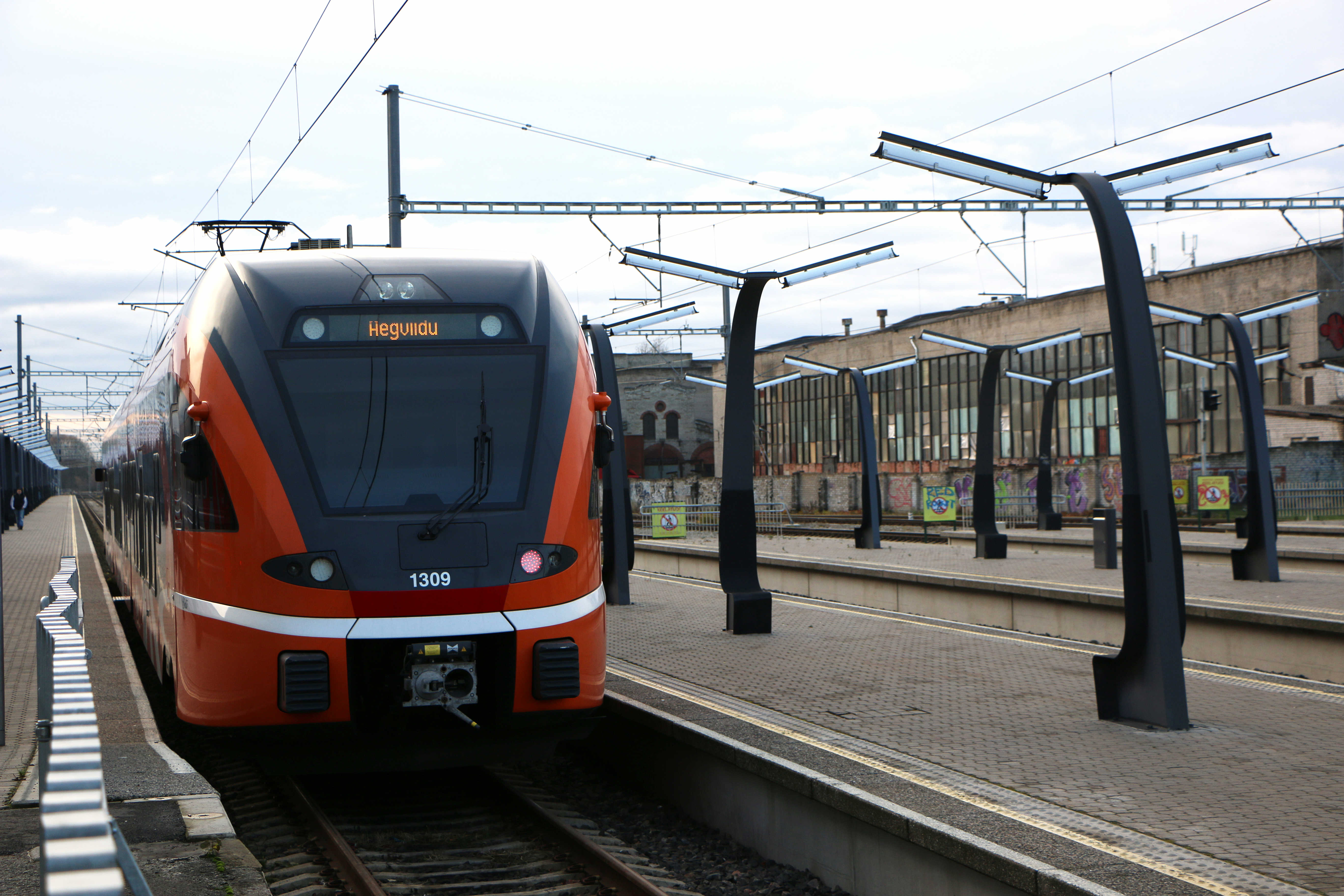 Elron train stops at Balti Jaam station in Tallinn