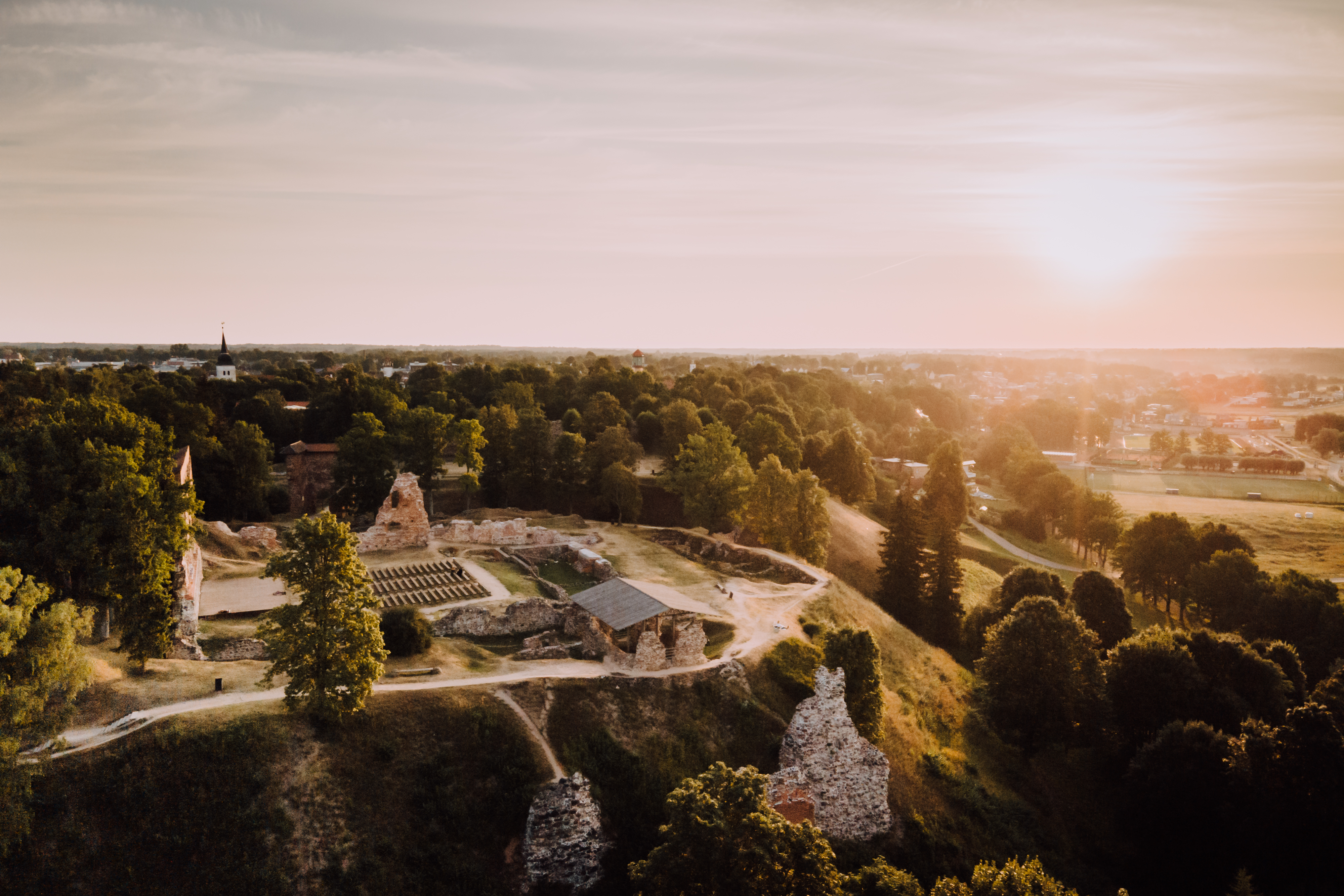 Drone shot of Viljandi's castle ruins in summer