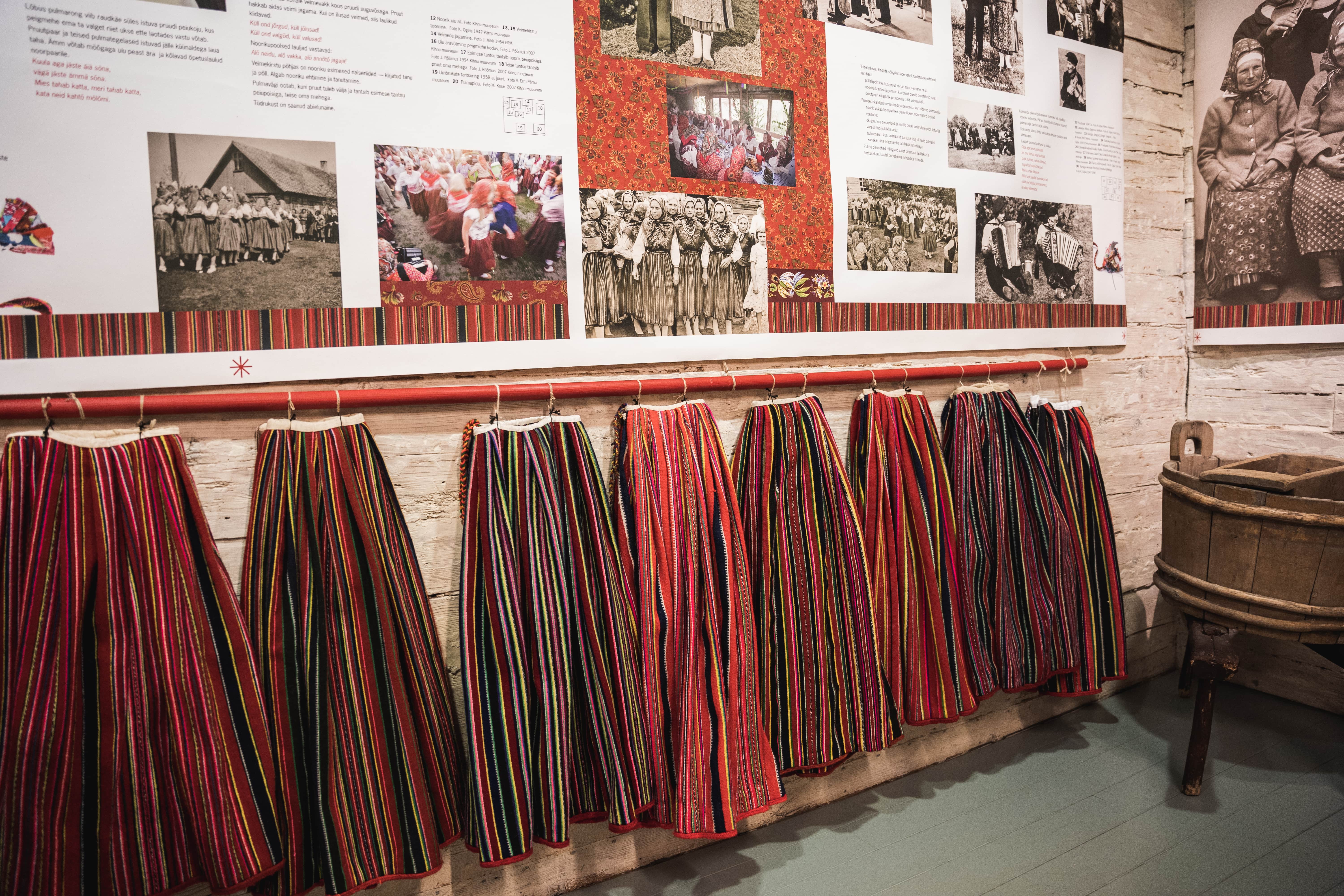 Traditional skirts on display at Kihnu Museum in Estonia