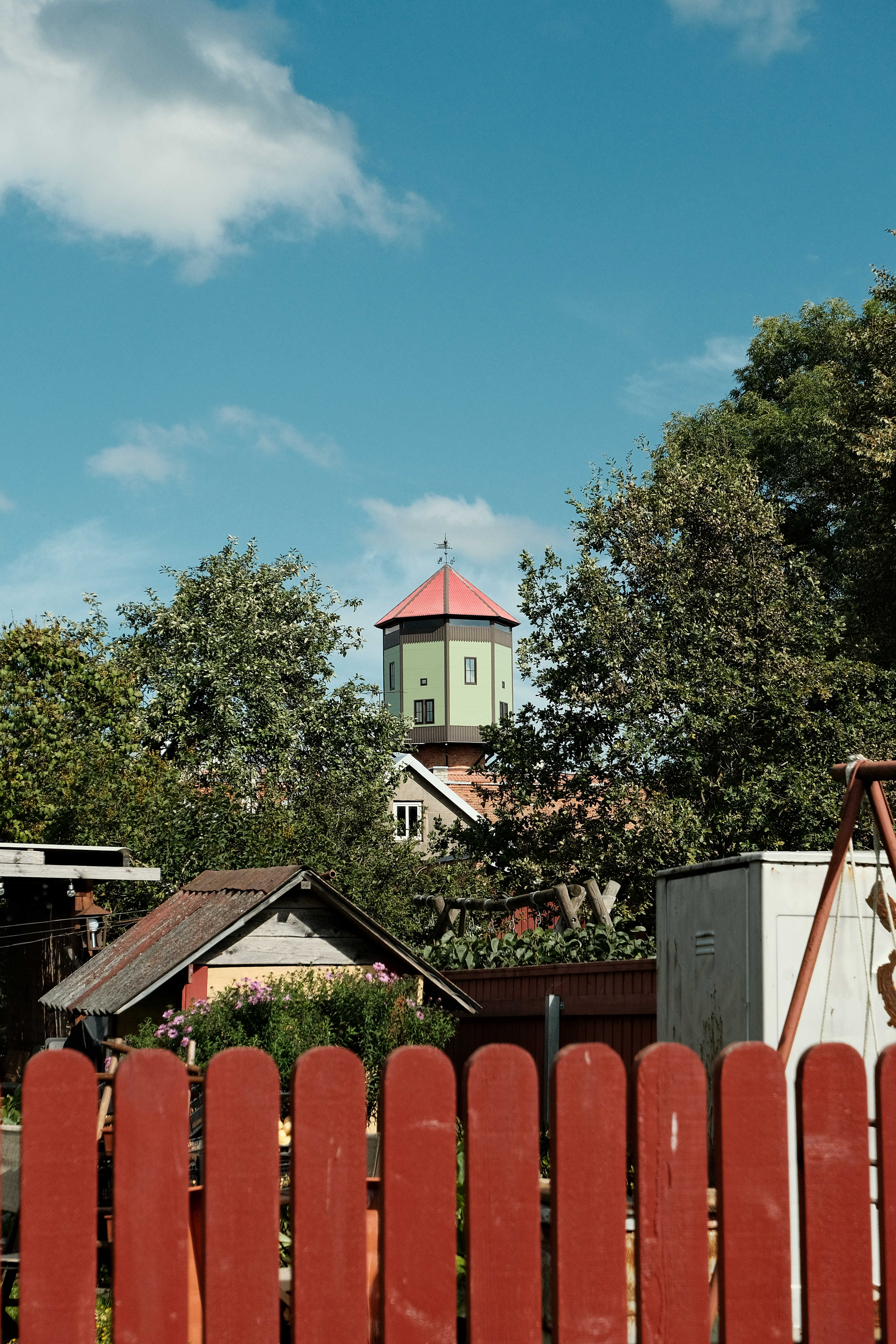 Viljandi old water tower during summer with red fence