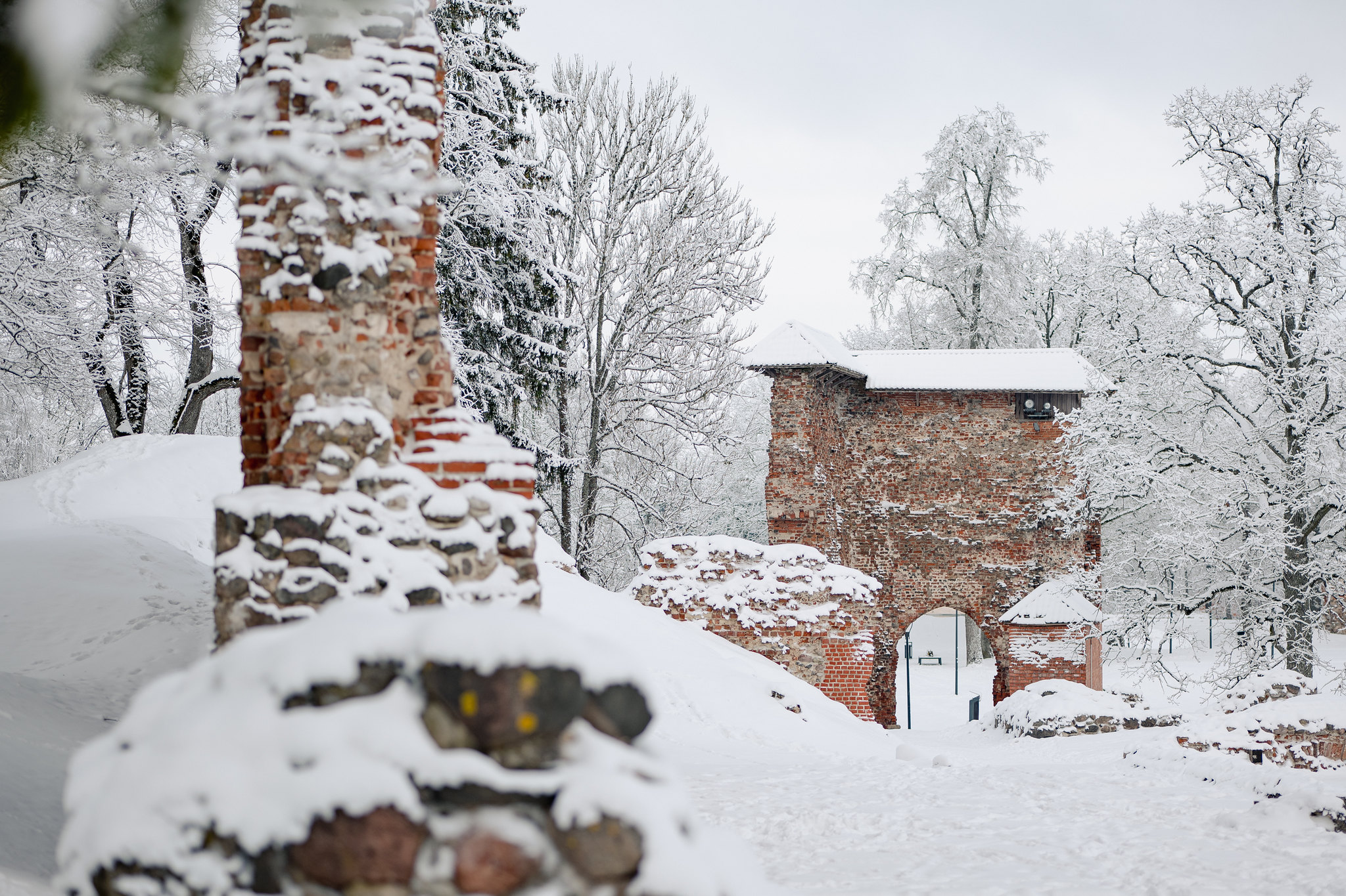 Viljandi Castle ruins covered in snow during winter