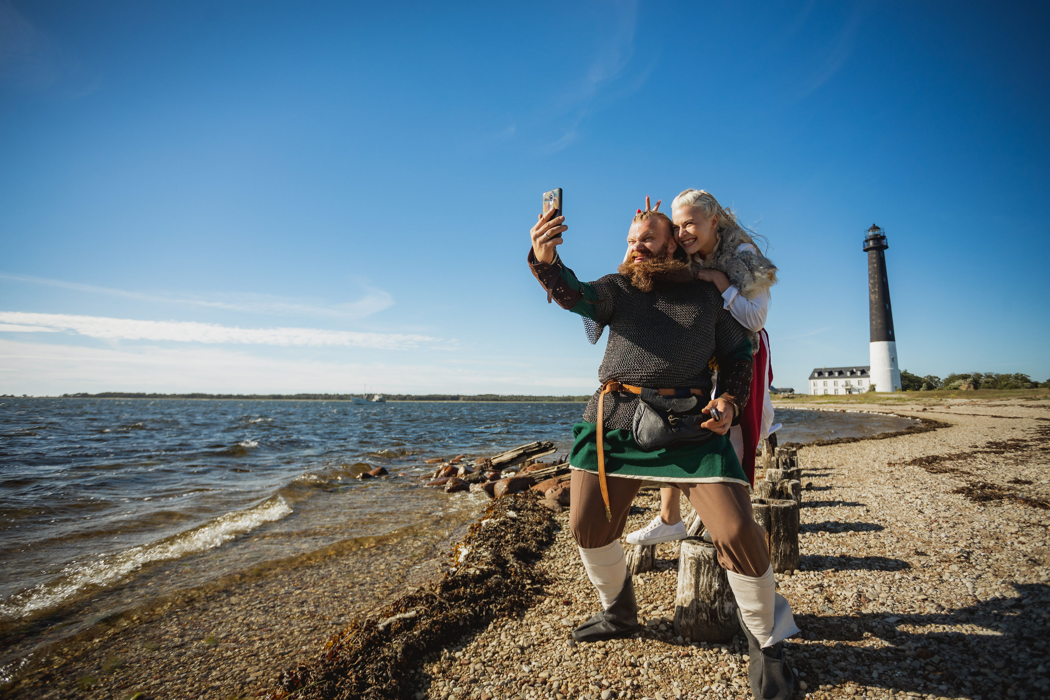 Couple dressed as Vikings take a selfie on Saaremaa