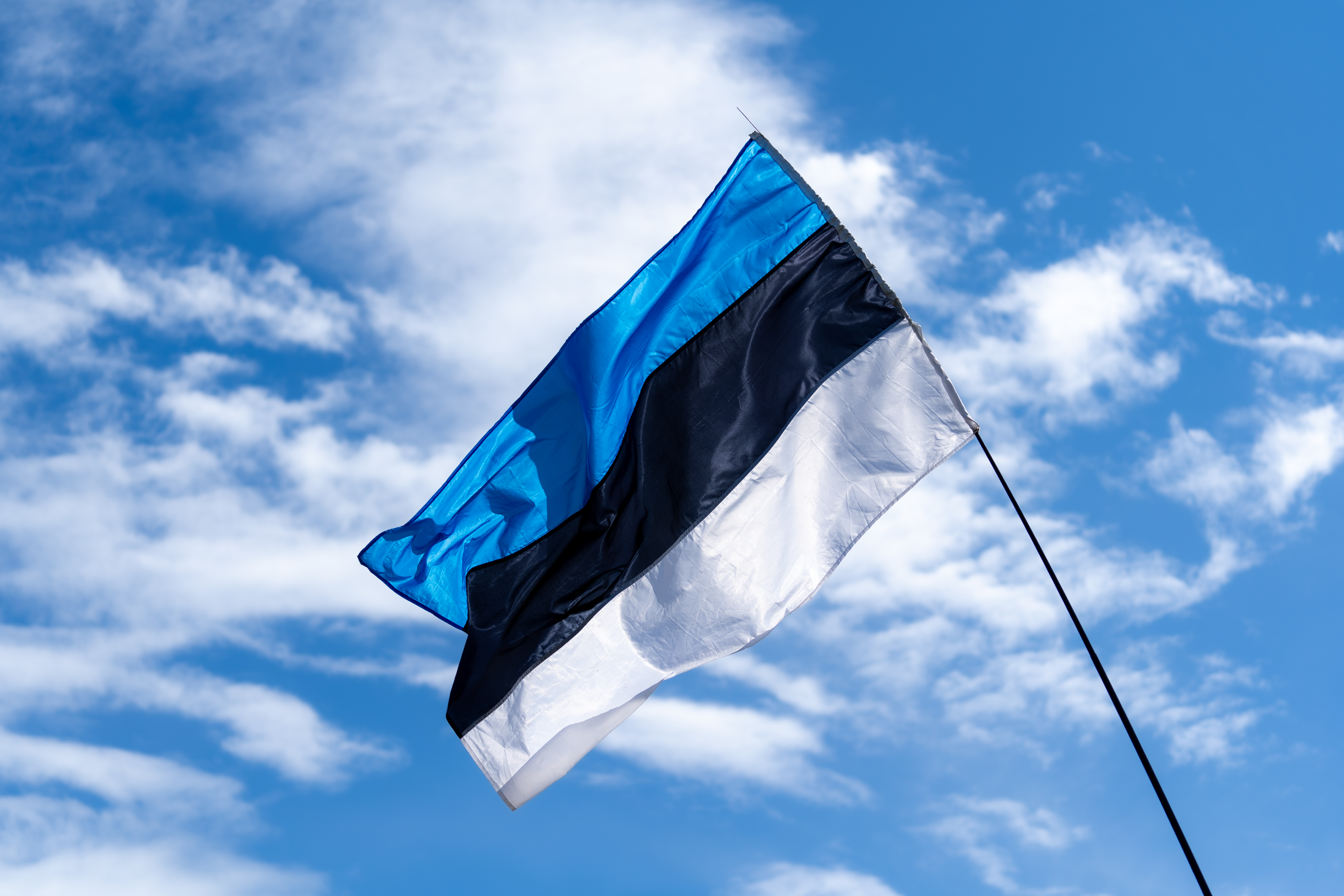 Estonian flag against a blue sky with white clouds