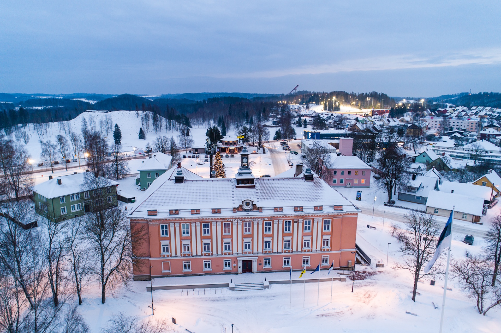 Otepää Central Square at dusk in winter, view from drone