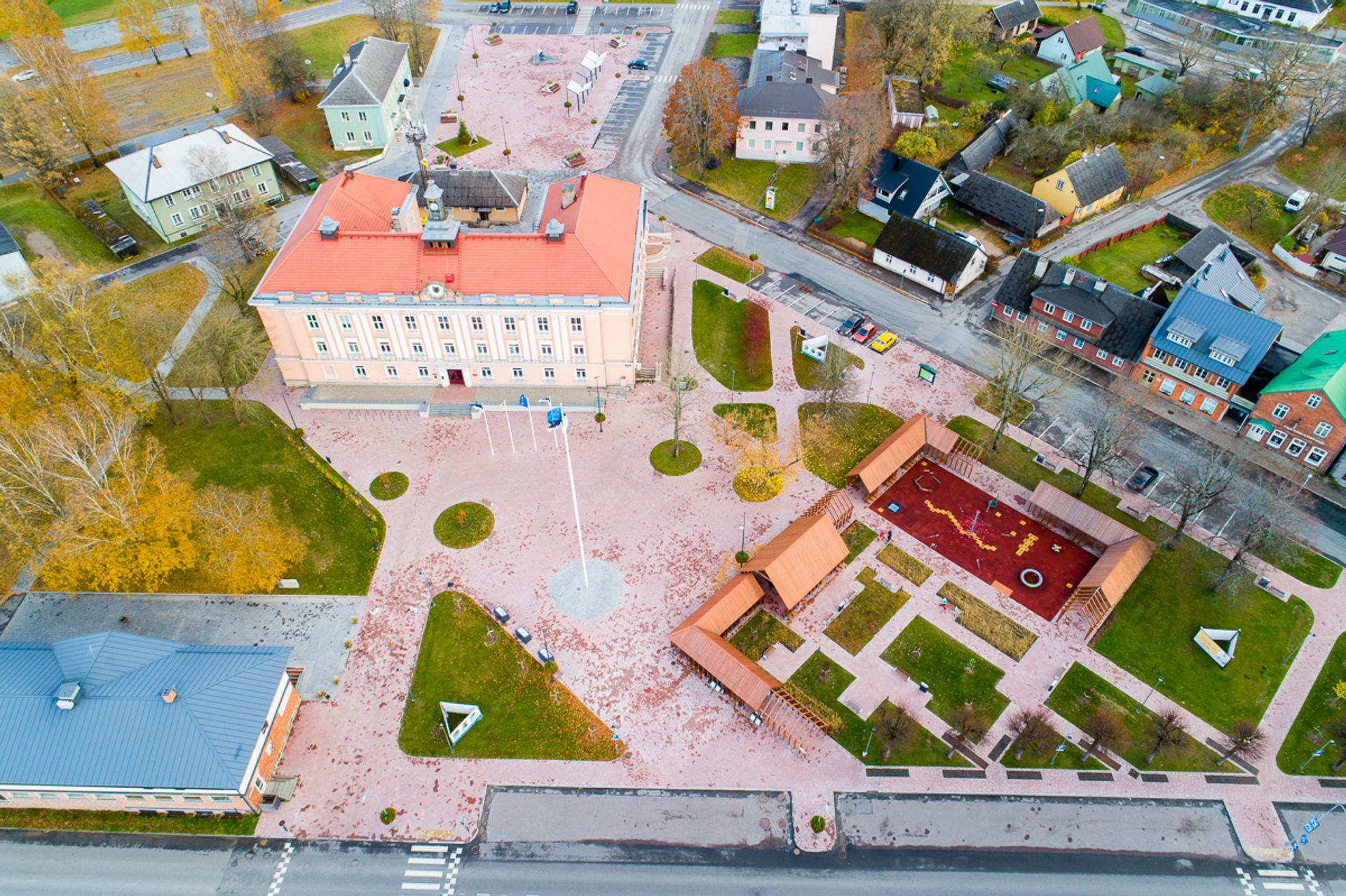 Drone view of Otepää Central Square during auutmn