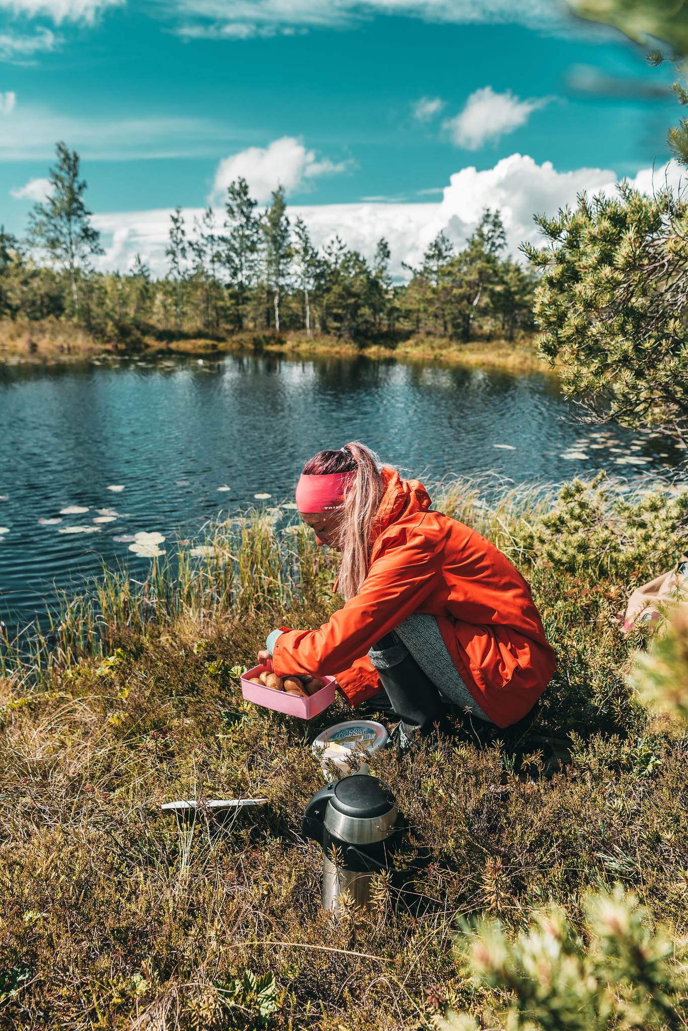 Woman prepares picnic in bog in Pärnu County, Estonia