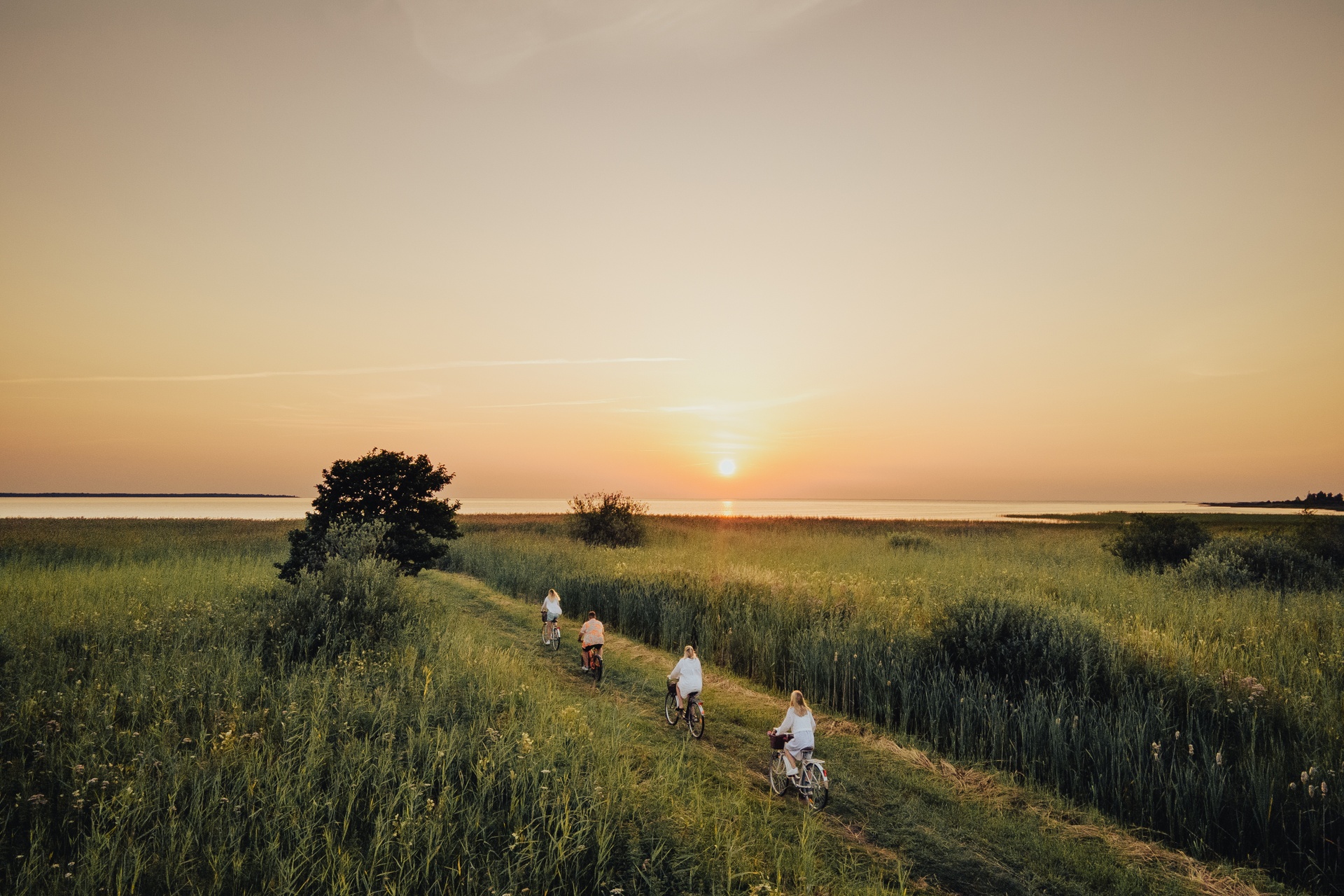 Pyöräilijöiden joukko auringonlaskun valossa Muhun saarella