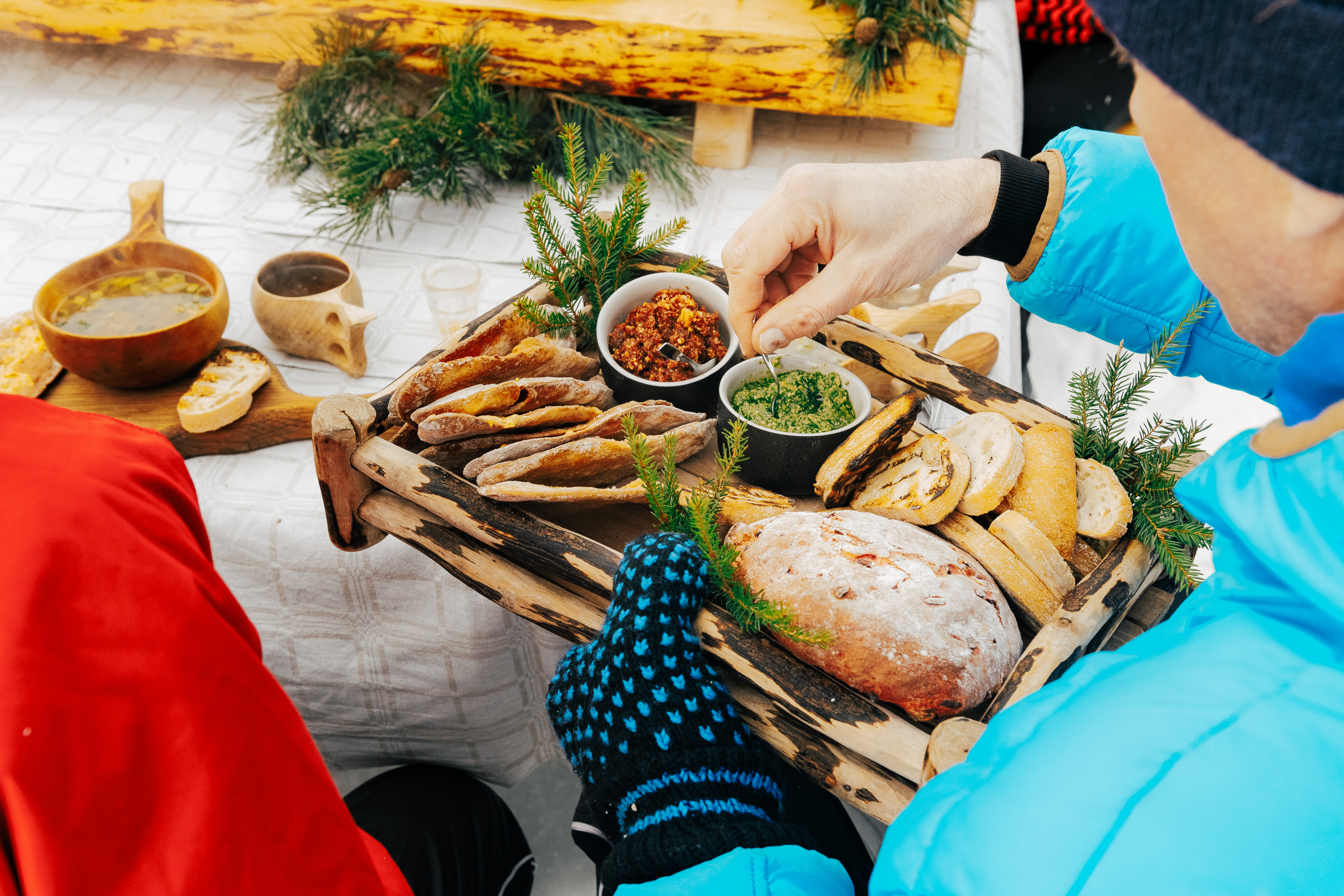 Snack plate during a wintertime picnic in Estonia