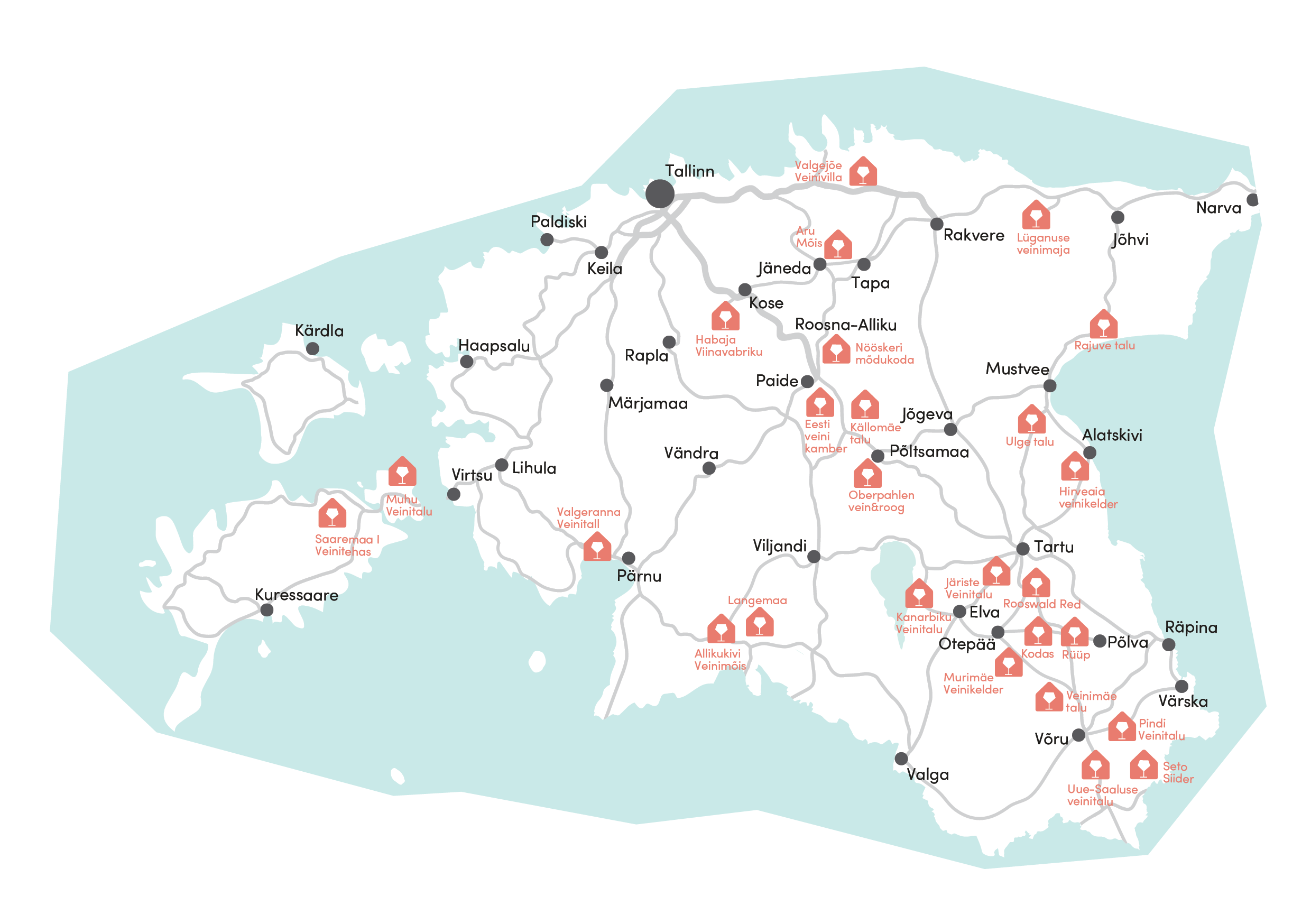 Map of Estonian wine trail from Eesti Veinitee