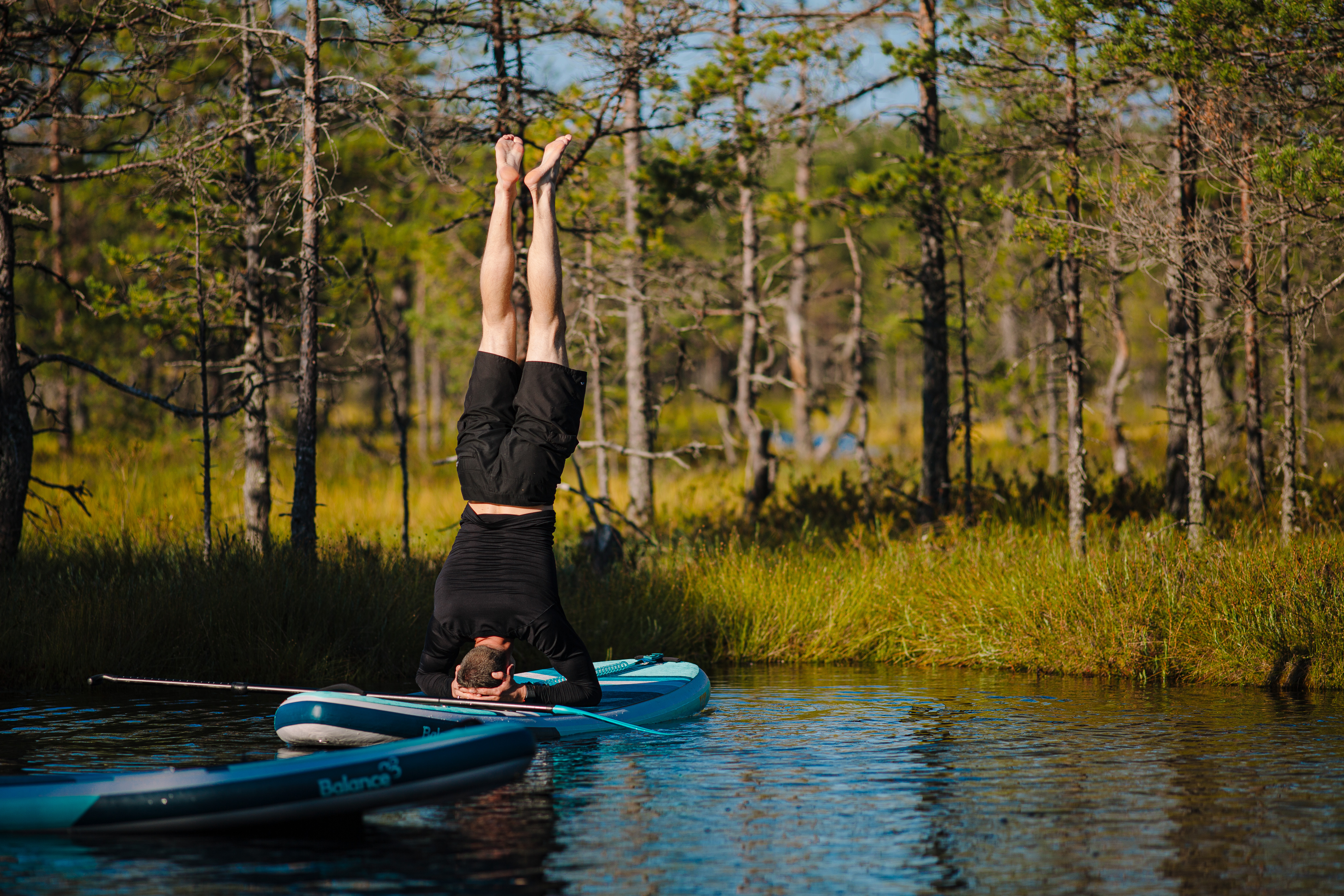 SUP yoga on a bog lake