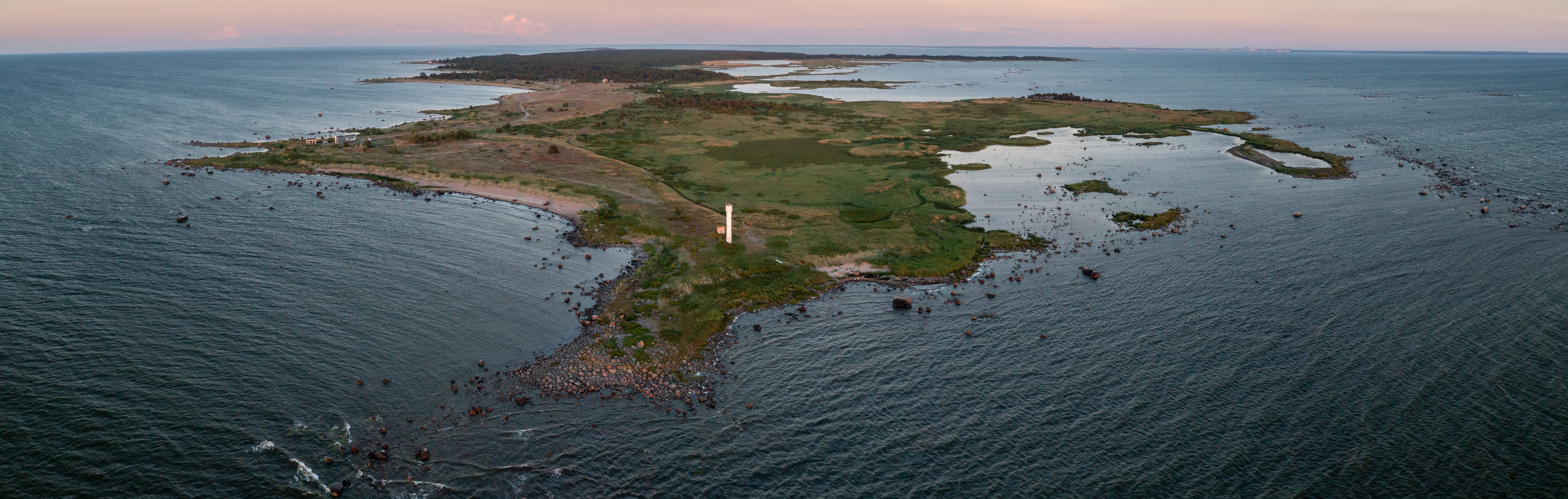 Drone view of Prangli Island's lighthouse during summer