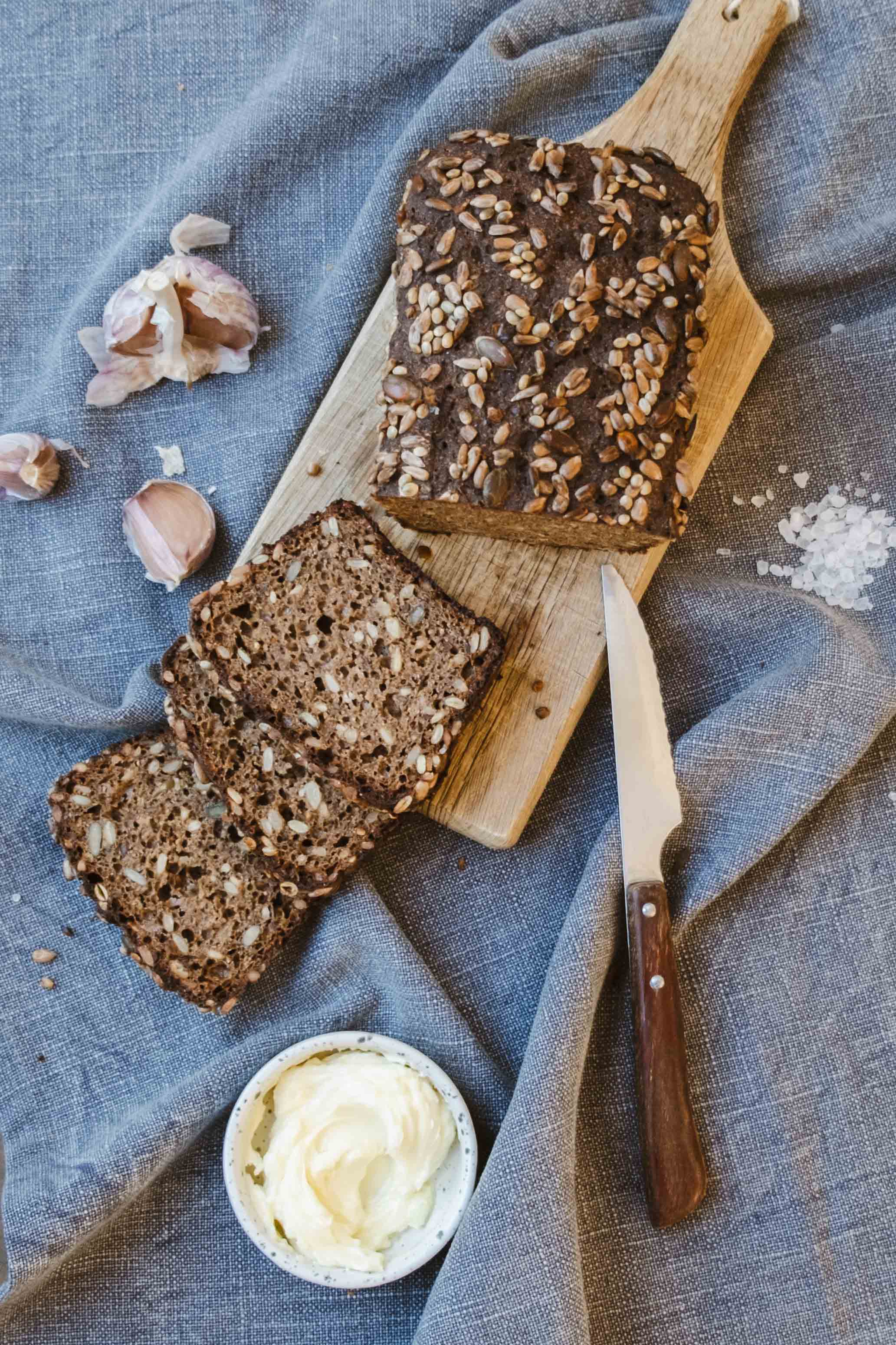 Popular Estonian black bread with seeds and butter