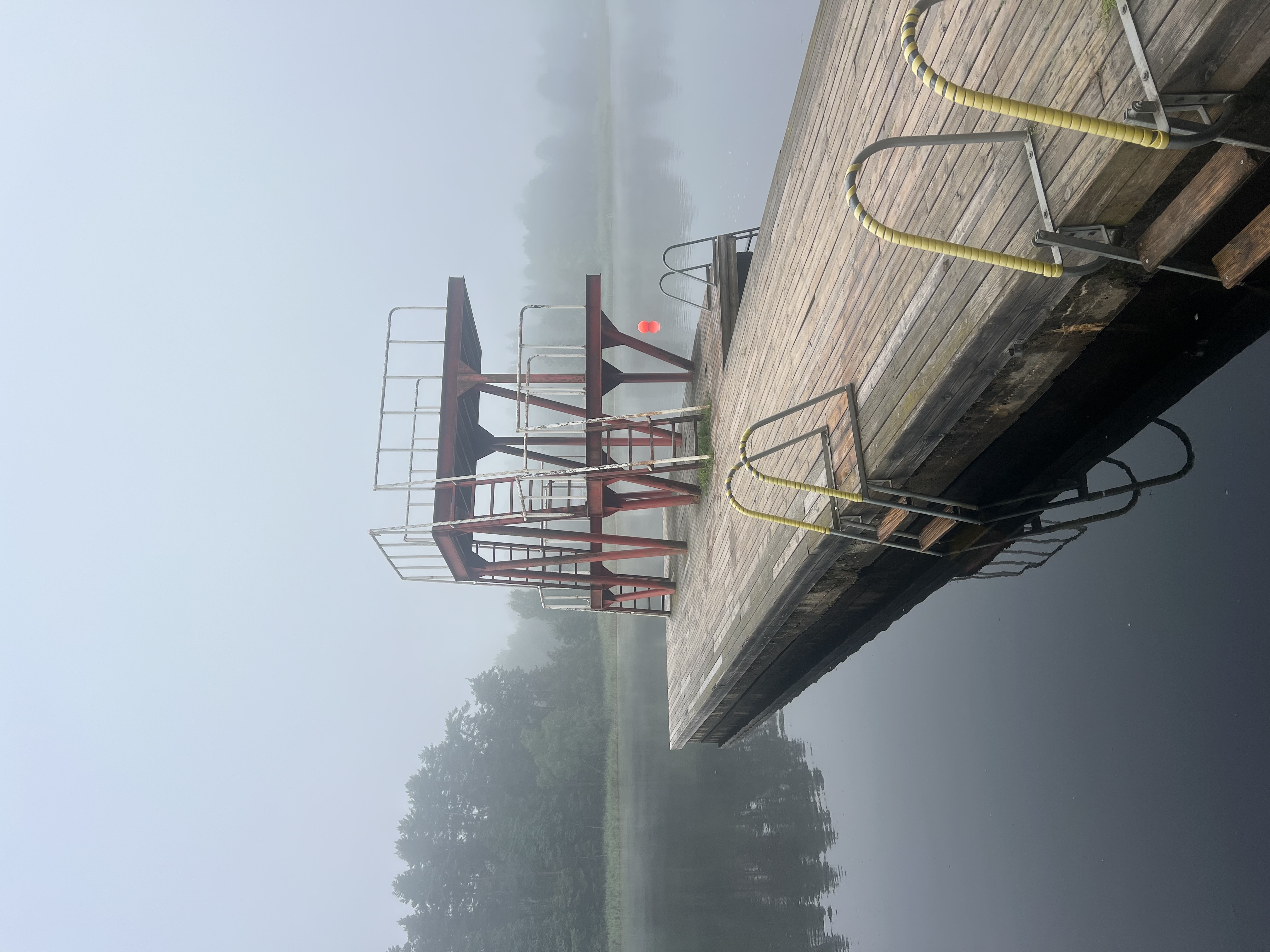 Early morning mist on the diving platform on Lake Kubija in South Estonia