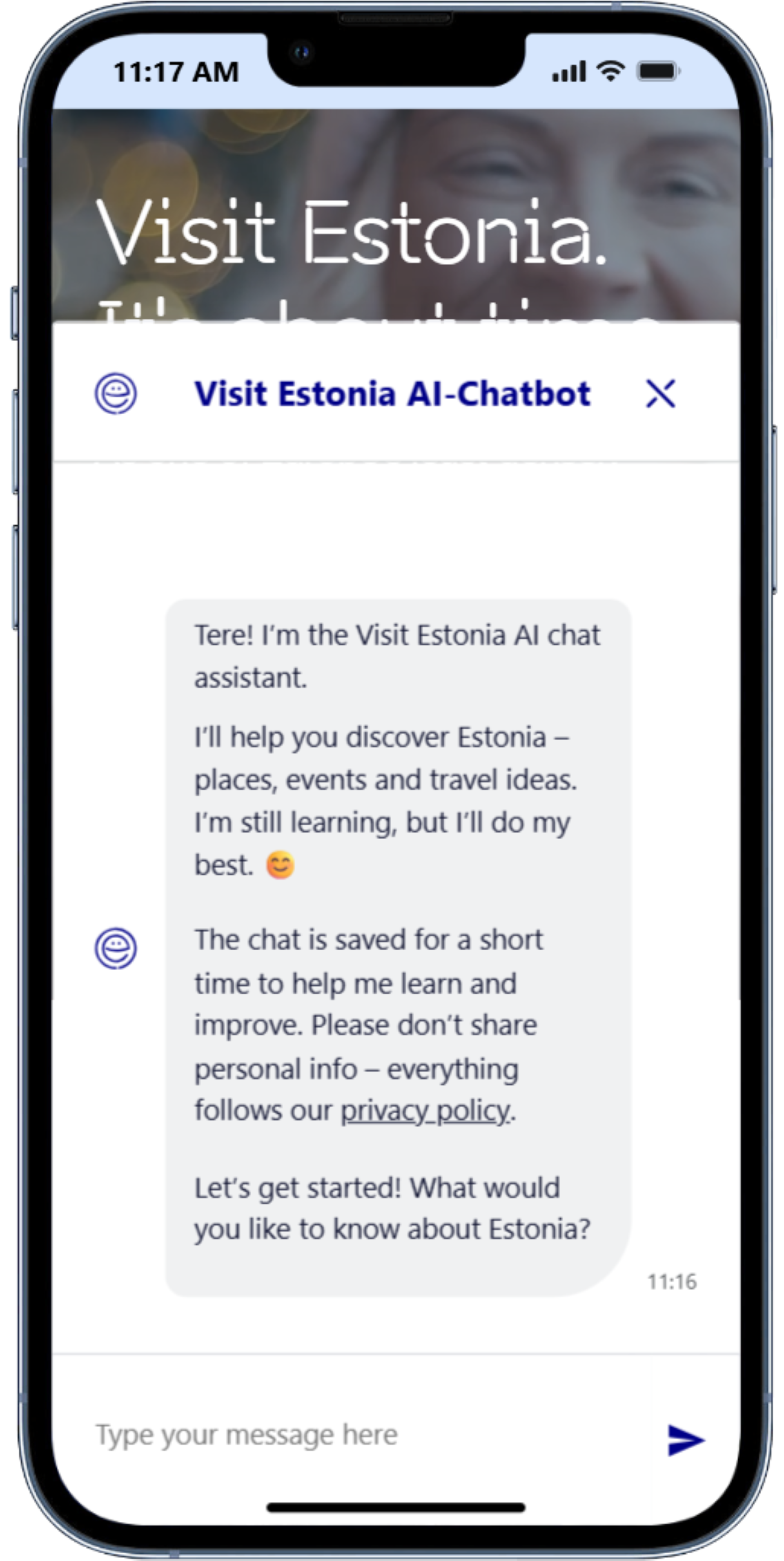 Visit Estonia veebi juturoboti kuvatõmmis