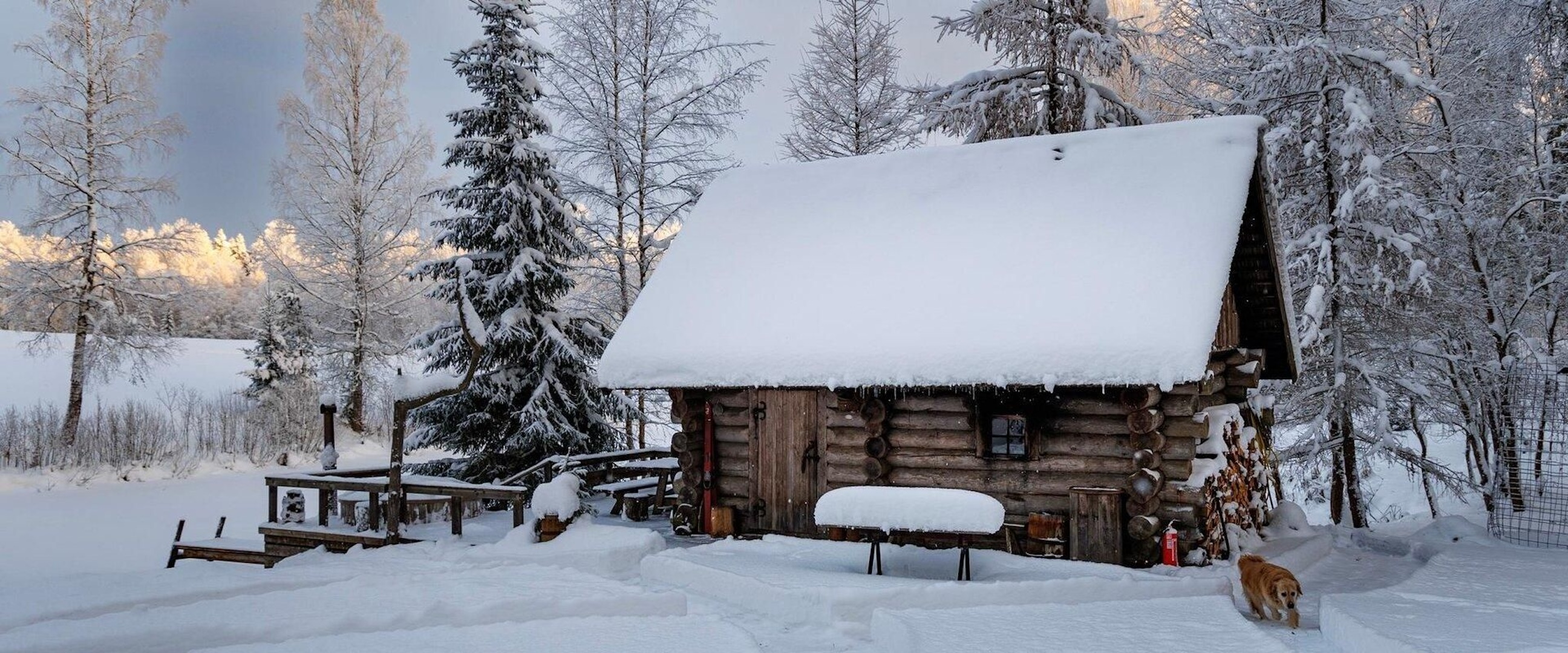 Toidupadas dūmu pirts ziemas dienā, klāta ar sniegu