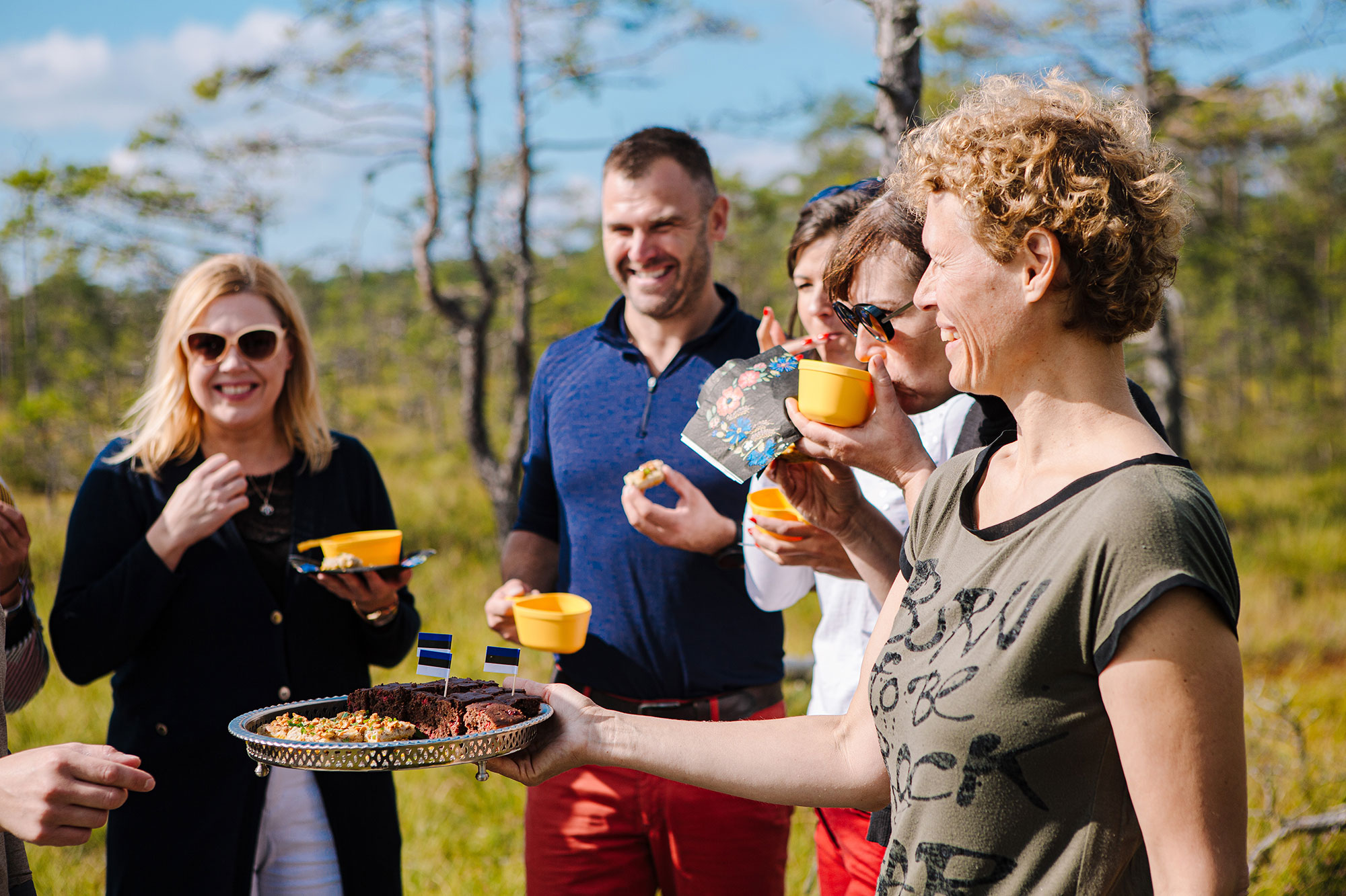 Menschen machen ein Picknick in der estnischen Natur.