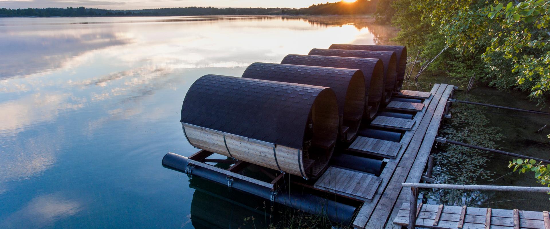 Barrel camping pods on water in Paekalda Holiday Centre