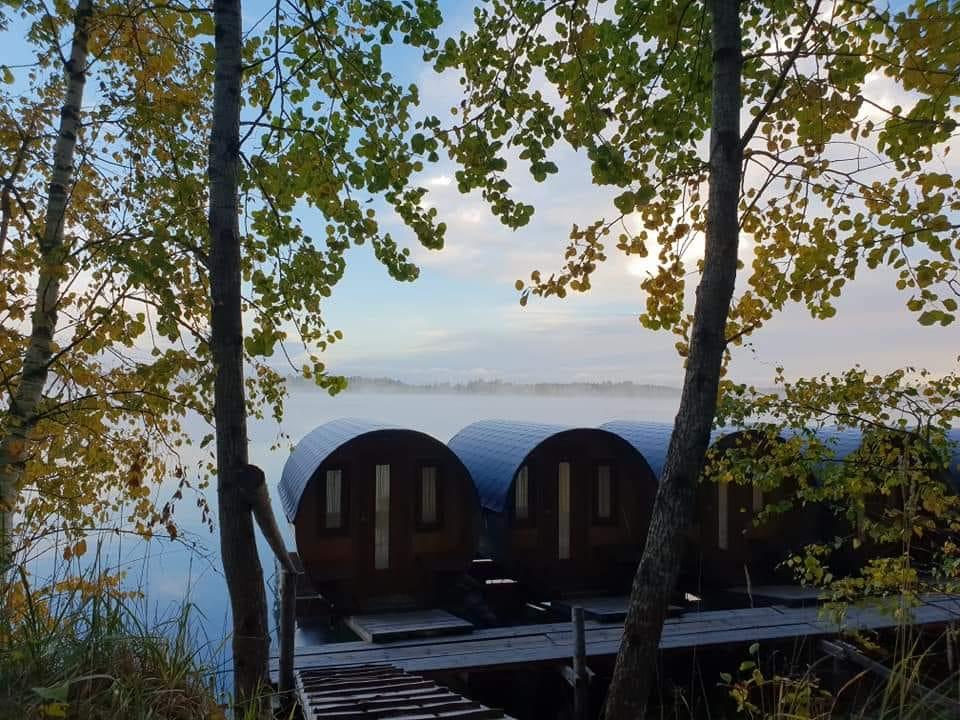 Barrel camping pods on water in Paekalda Holiday Centre