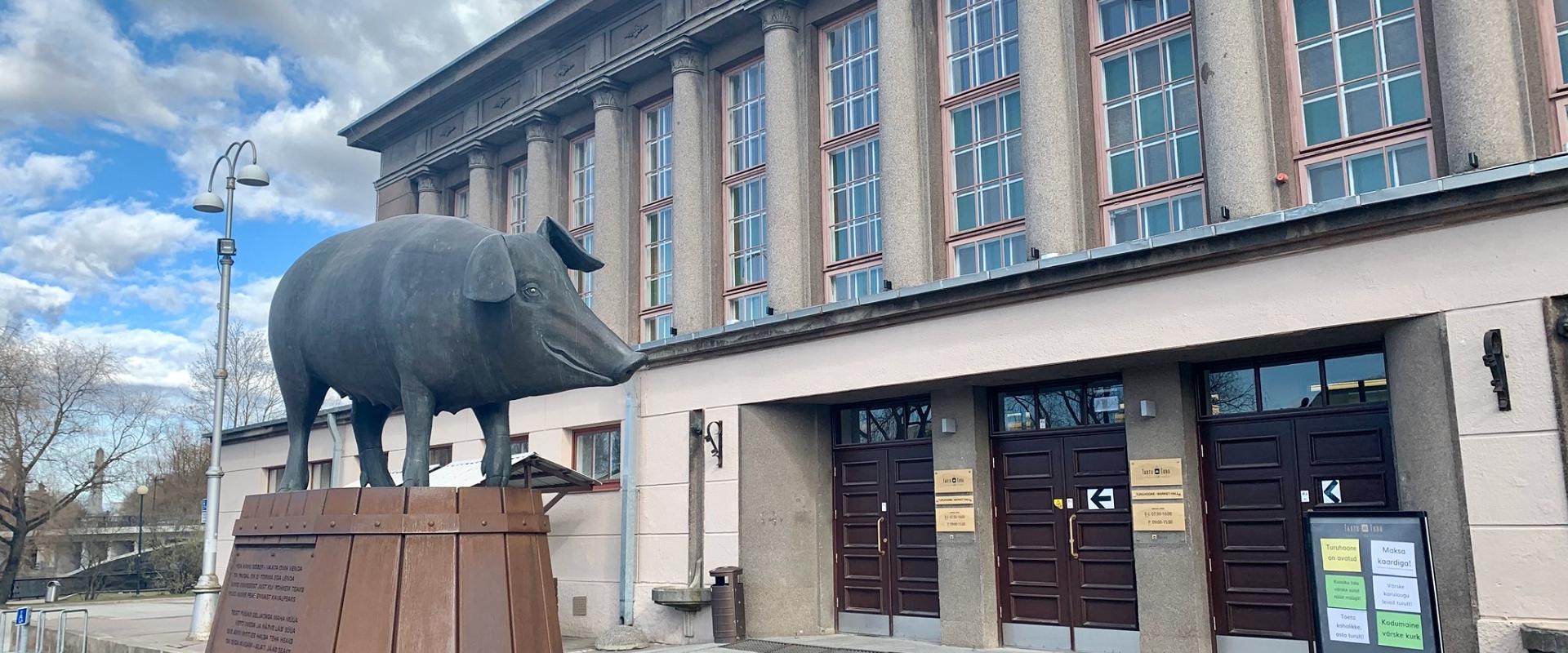 Vor dem Marktgebäude von Tartu grüßt das Bronzene Schwein