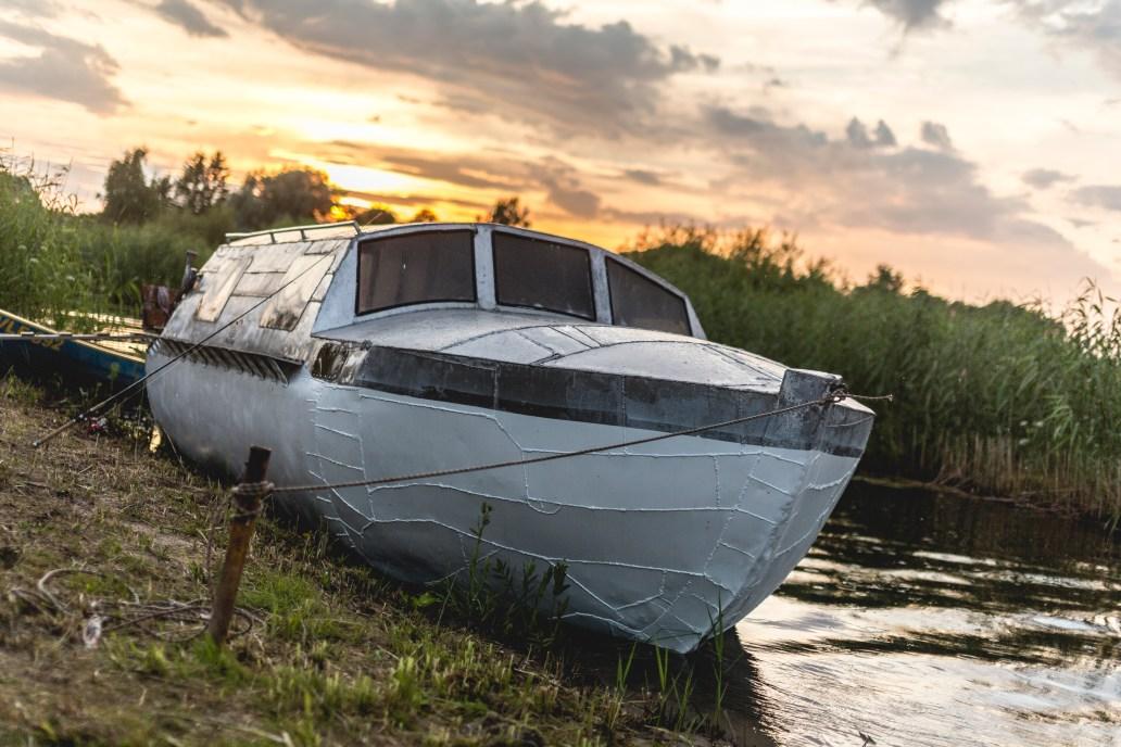 Sauna boat and a sunset at the background