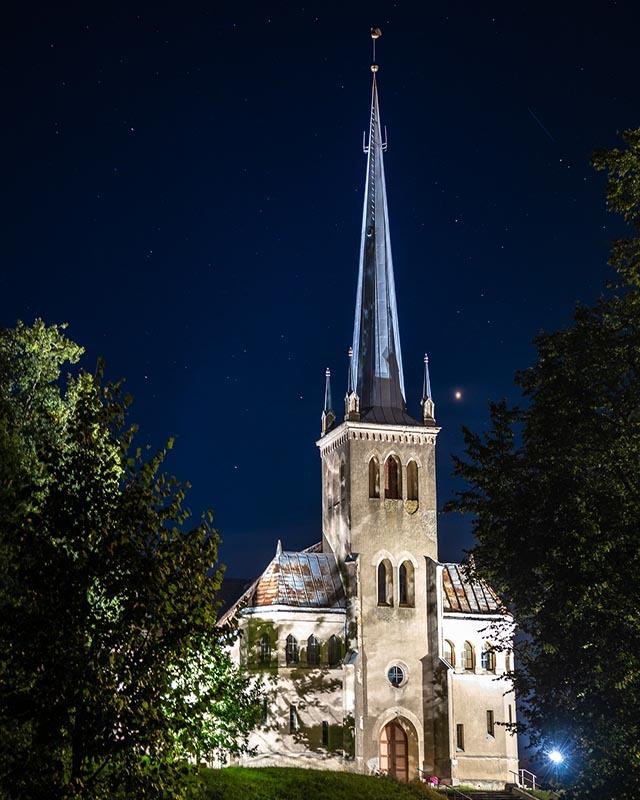 Rõngu St Michael’s Church of the Estonian Evangelical Lutheran Church at night