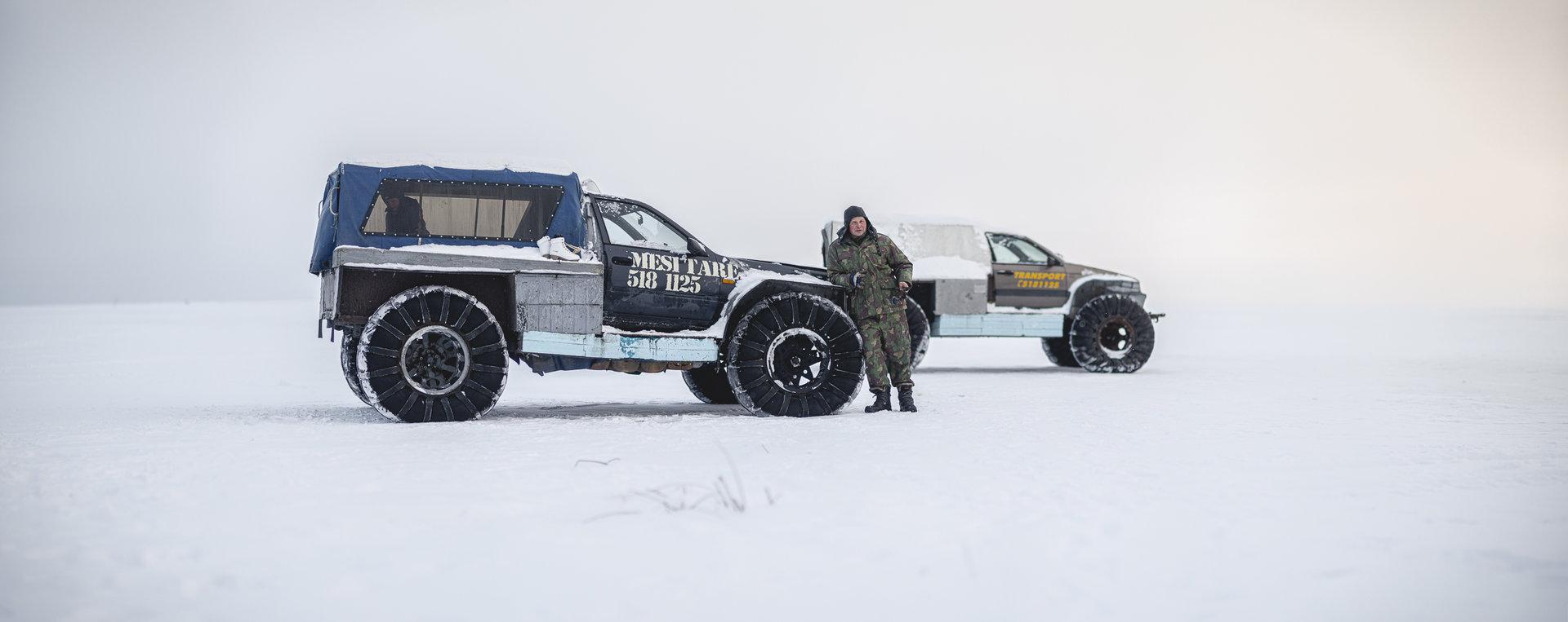 Book a safari on the ice of Lake Peipus with a karakat. Karakats are custom vehicles, built by local Peipsi fishermen, on large aircraft tires that ma