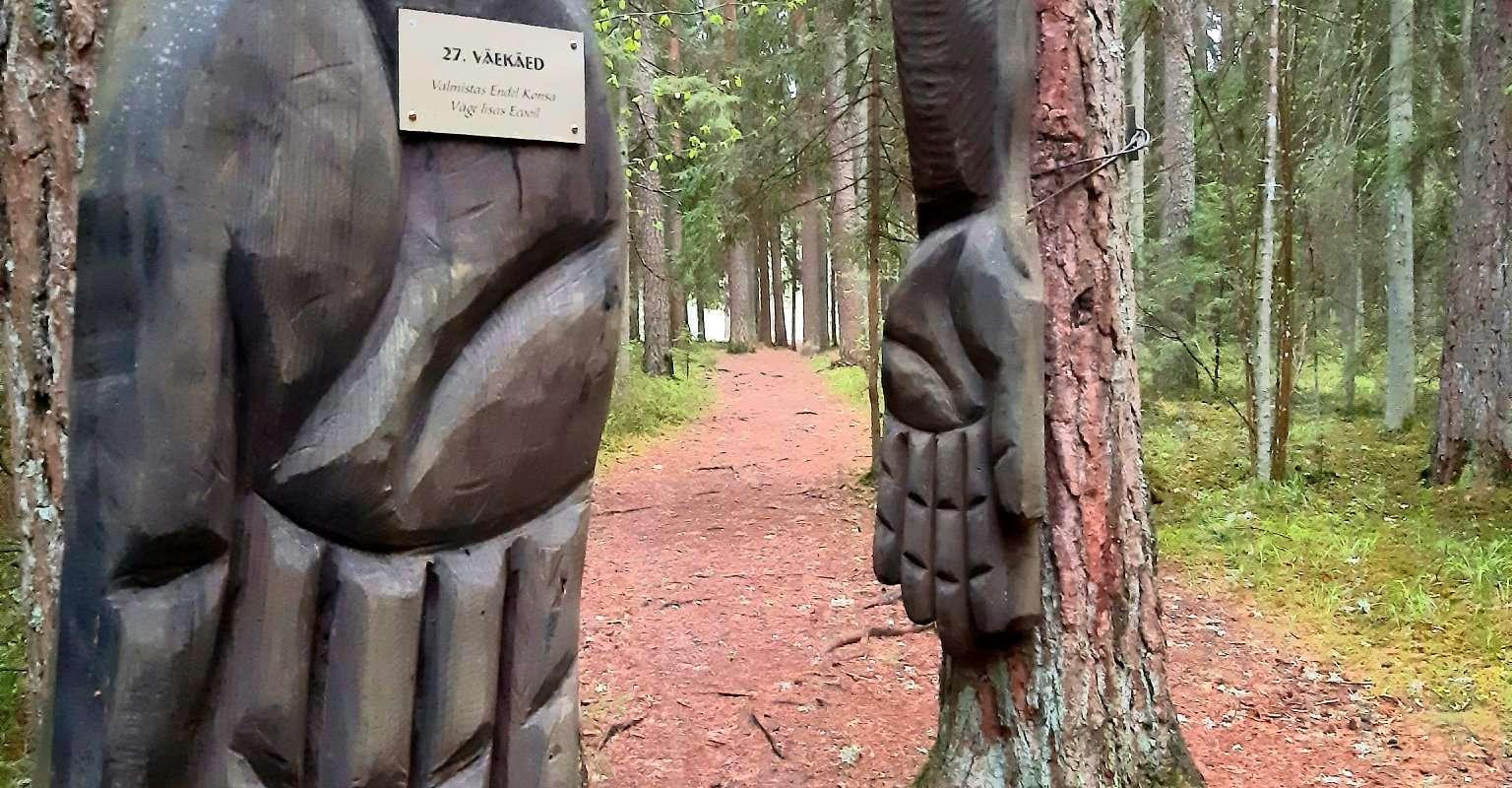 Koka skulptūra "Spēka rokas" uz Mazās Spēka takas