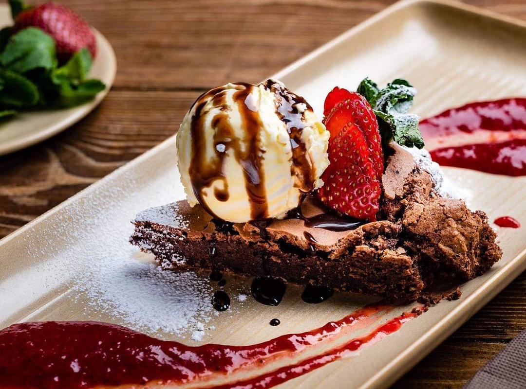 Chocolate cake with ice cream on a plate