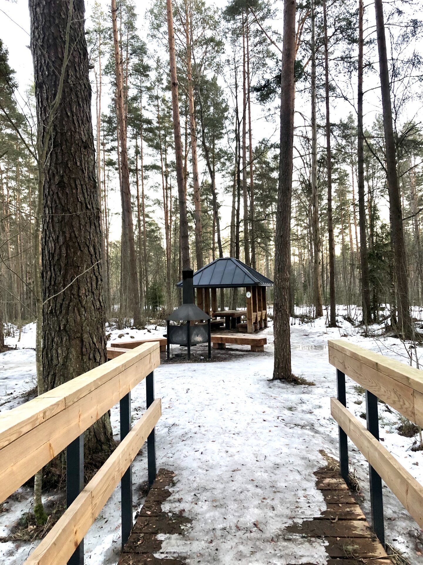 Wanderweg und Feuerplatz in Tiksoja, Steg und Feuerplatz mit Schutzdach