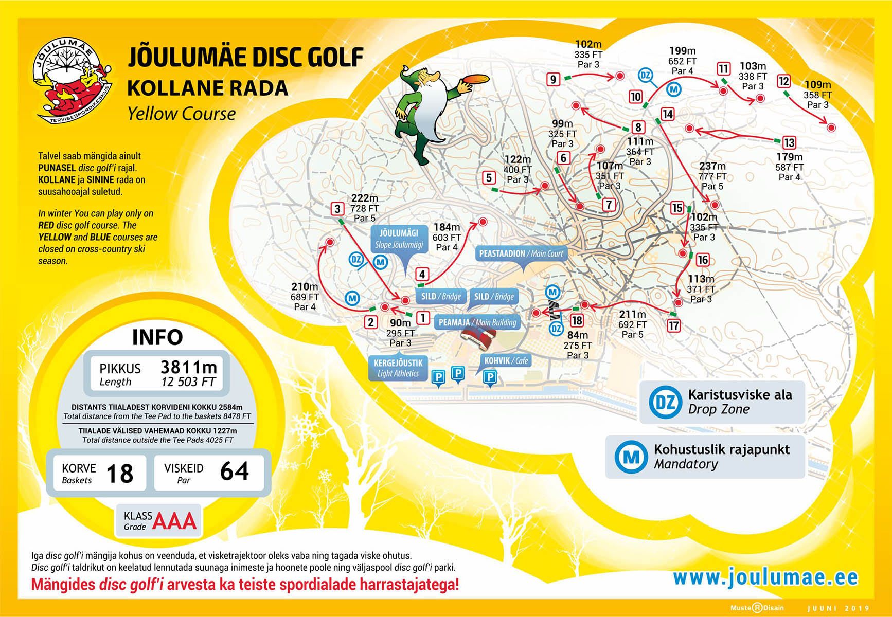 Kollane disc golf'i rada Jõulumäe discgolfi pargis