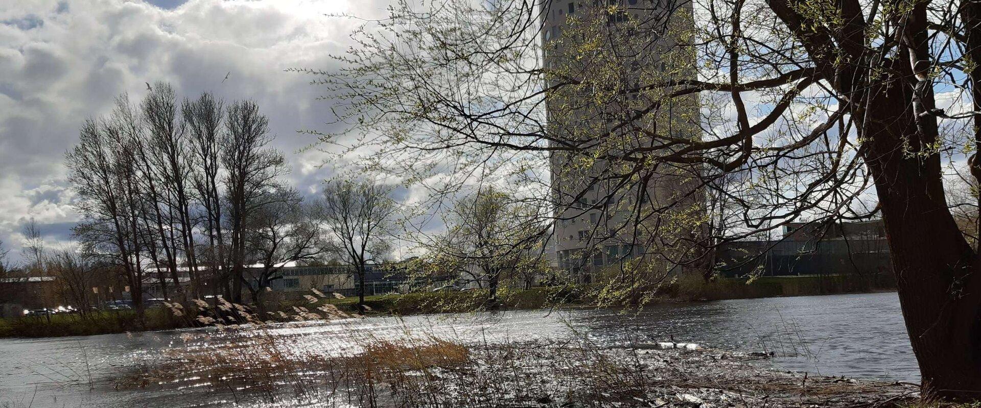 Blick vom Uferweg am Fluss Emajõgi auf Emajõgi und Tigutorn (Schneckenturm)