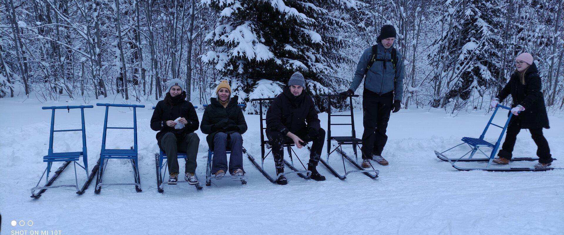 A discovery trip to the winter forest and bogs, with snowshoes or kicksleds.