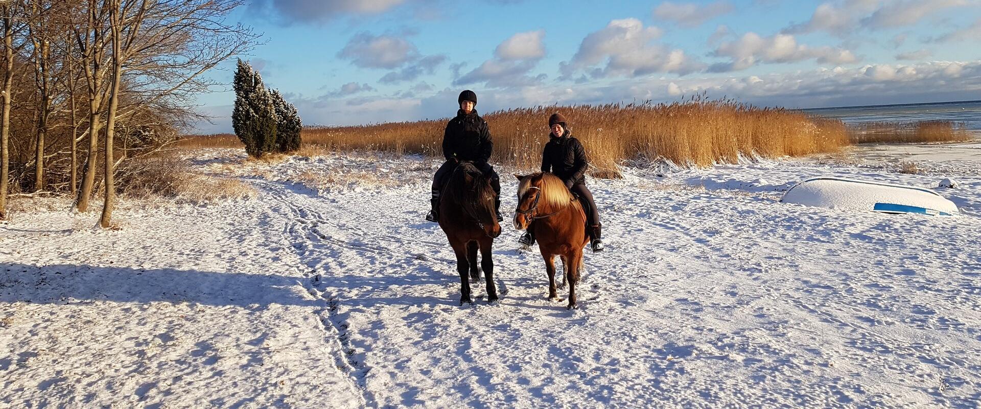 Riders on the snowy shores of a sea