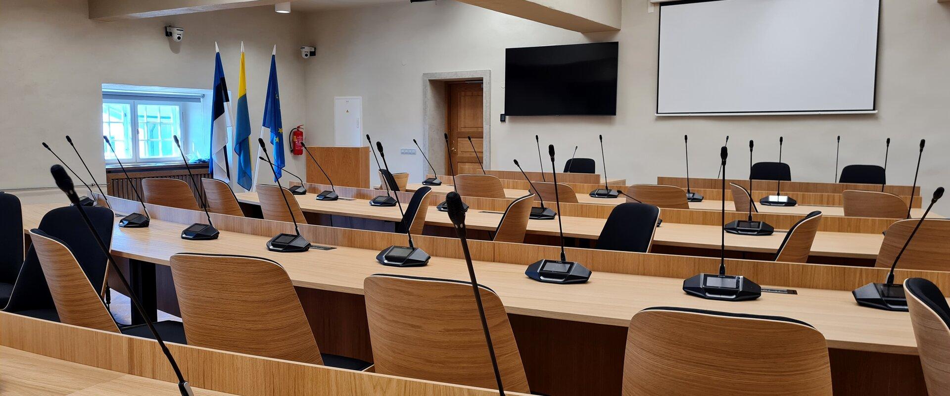 Narva Town Hall city council chamber, tables with microphone