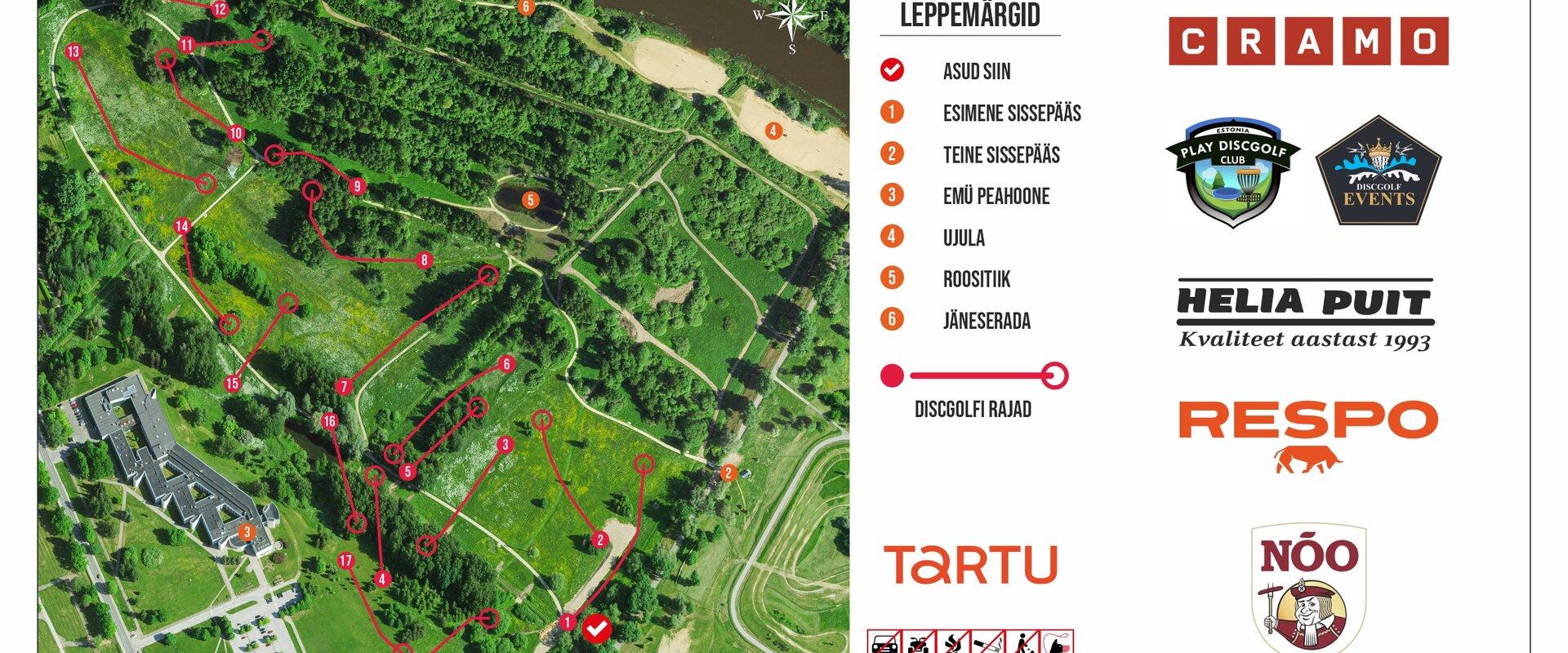 Tartu Tähtvere Dendro discgolfi pargi rajaskeem