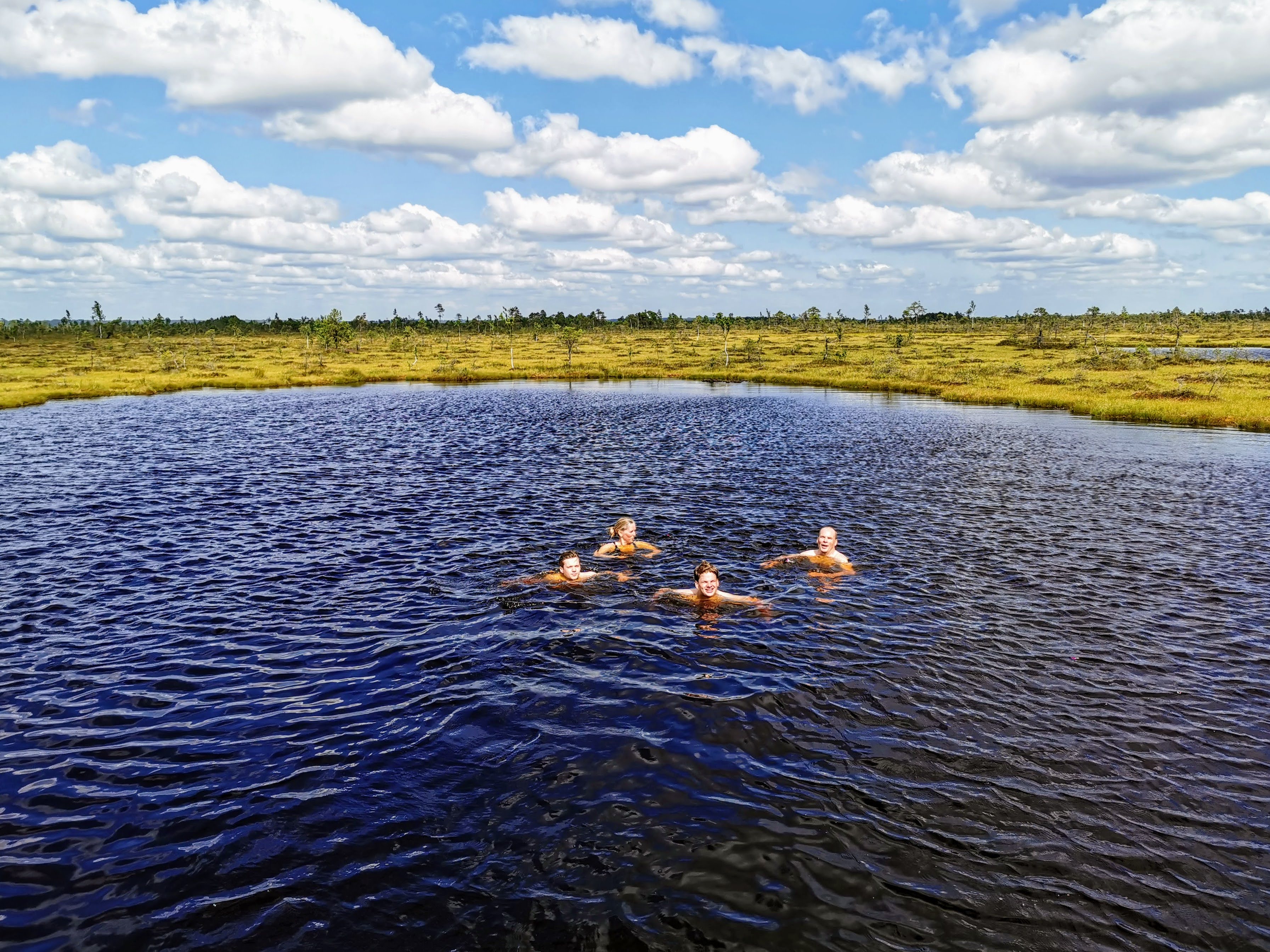 Family swimming in a bog lake