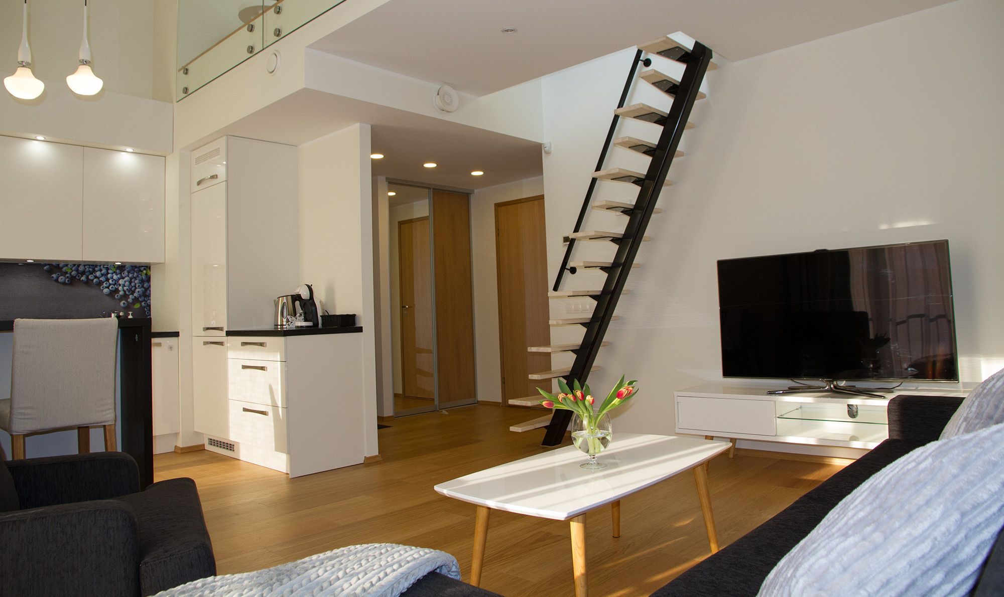 Baeri Residence Apartment elutuba televiisori ja trepiga.