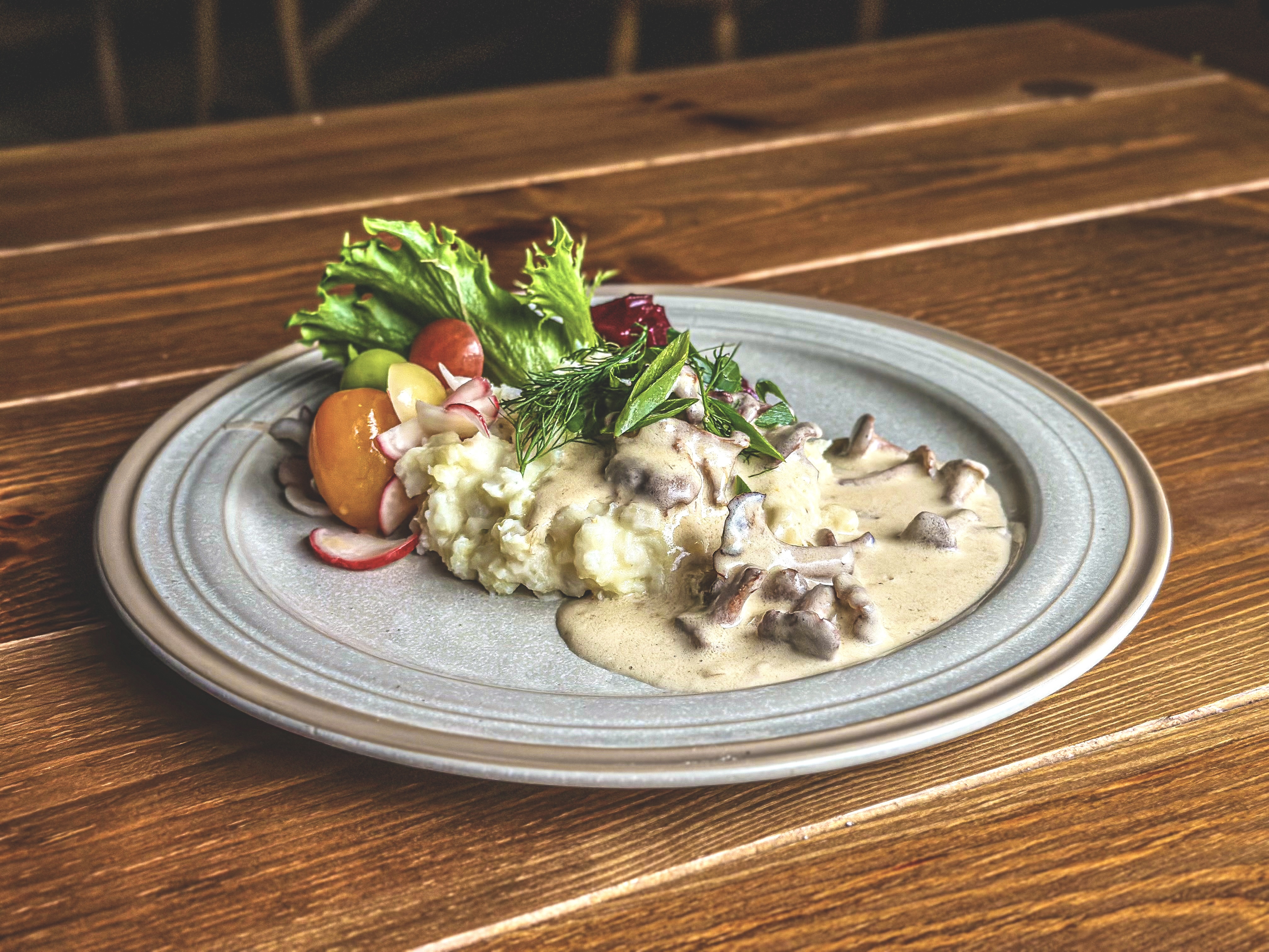 Potato and barley mash with chanterelles souce Estonian