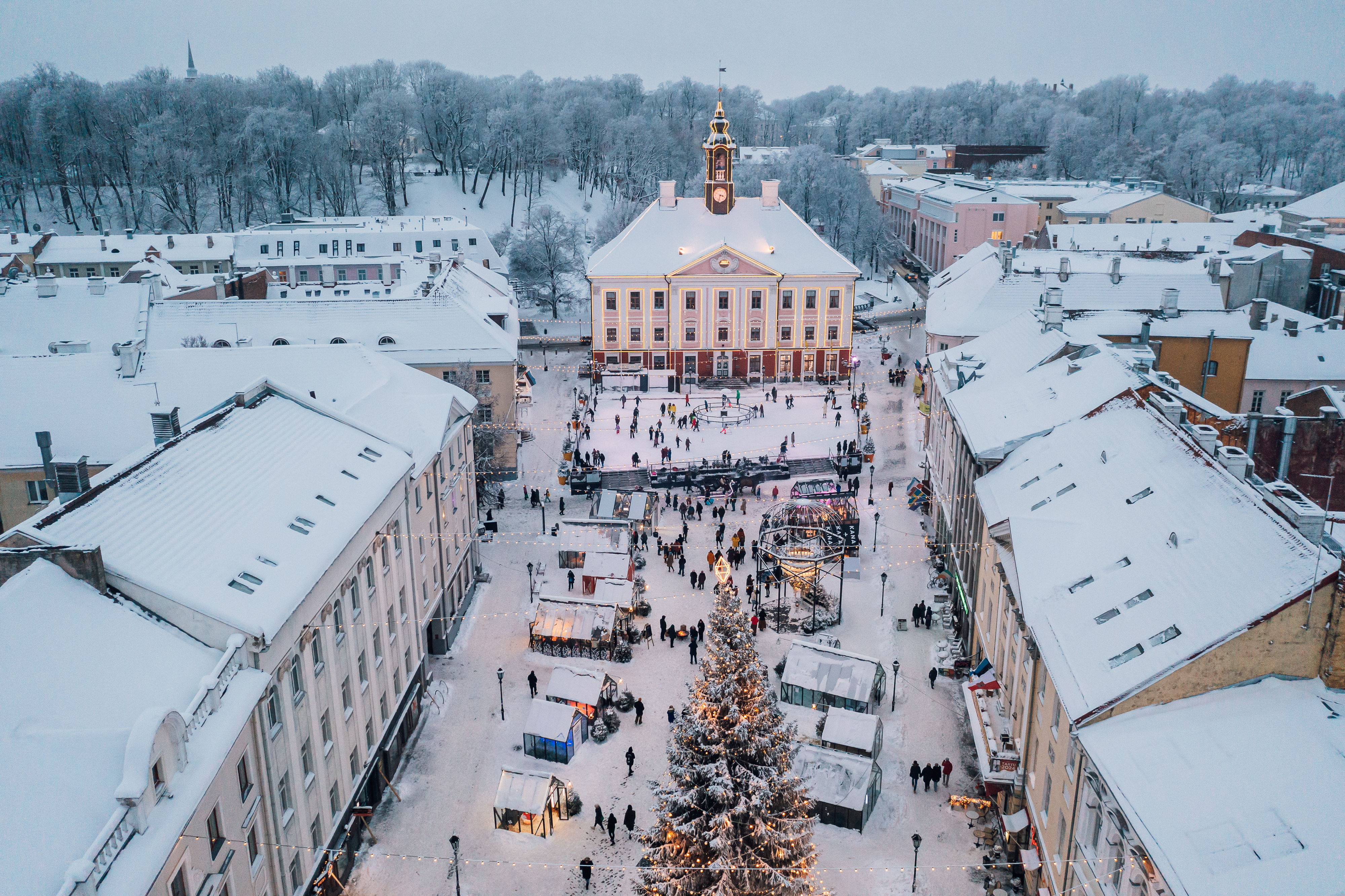 Tartu's Christmas City will bring holiday cheer to the Town Hall Square from the first Advent Sunday until January. The glass pavilions bring the vill