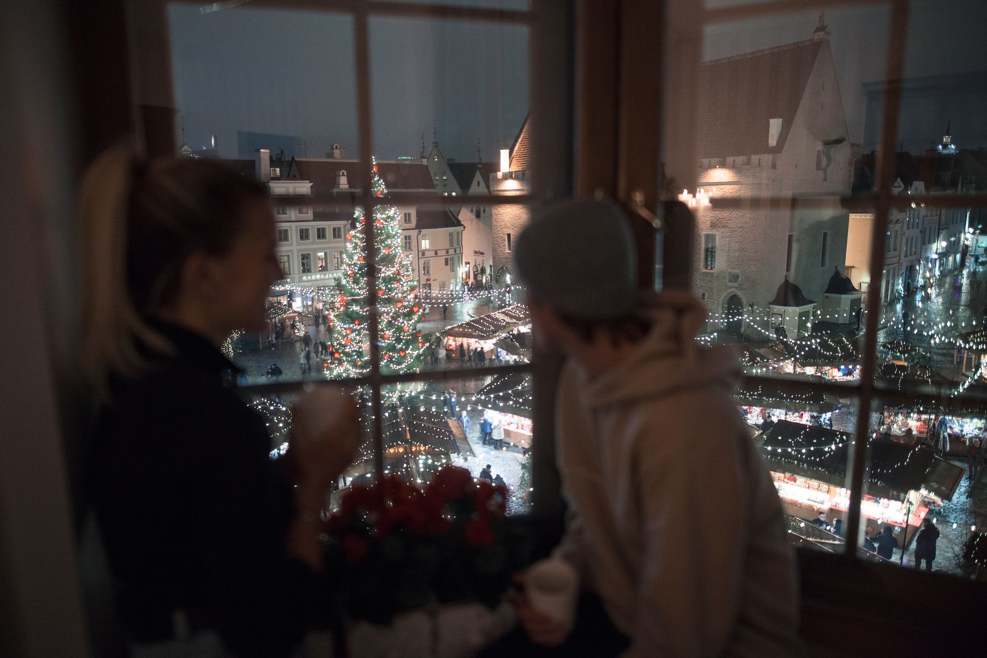 Tallinn Old Town Christmas Market through a window view