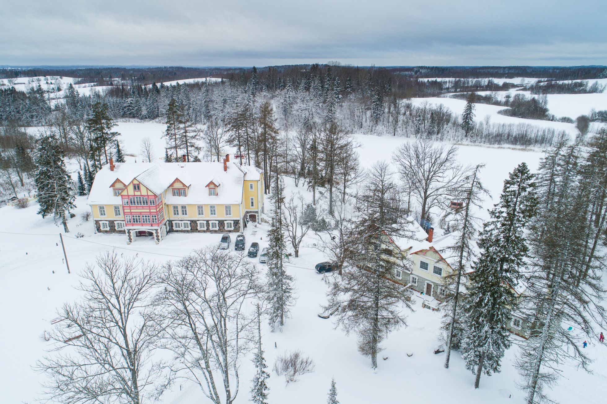 Aerial view of Cantervilla Castle in winter