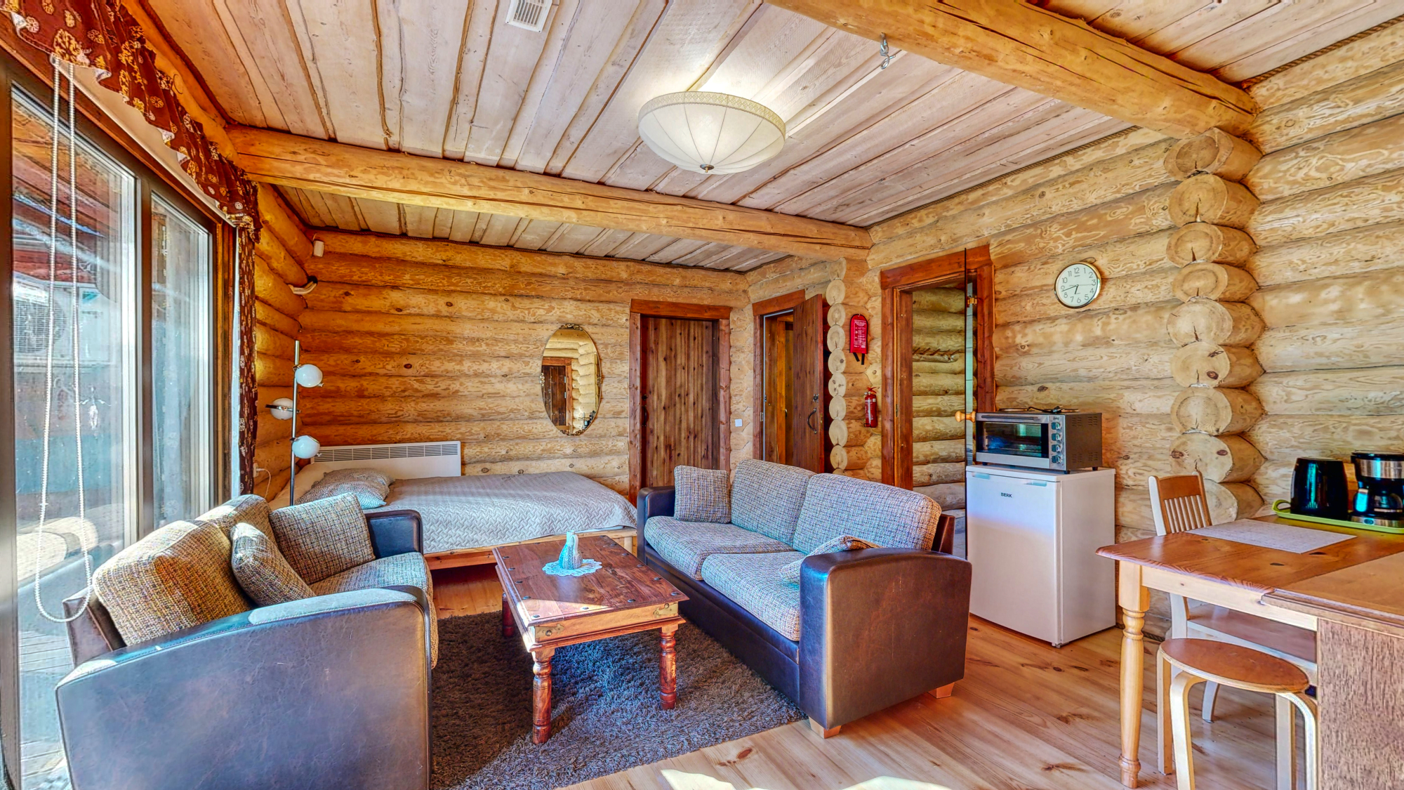 Spacious sauna anteroom, sleeping, sitting and kitchen area